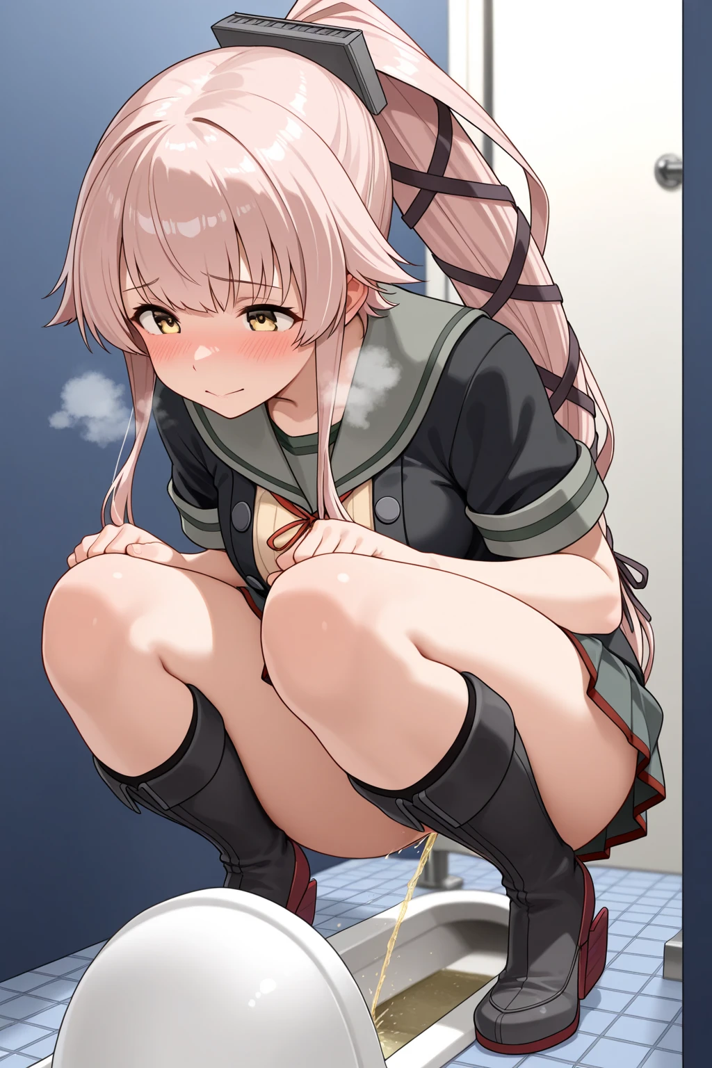 Young girl with grey hair, ((fringed and curly hair)),((curly short twintail)), curly hair ,(red eyes),, ((small bushy eyebrows)), wearing gothic lolita clothing, lolicon , walking to school, bored look, bored face, , lifting her skirt to show her vagina wet with semen, having sex