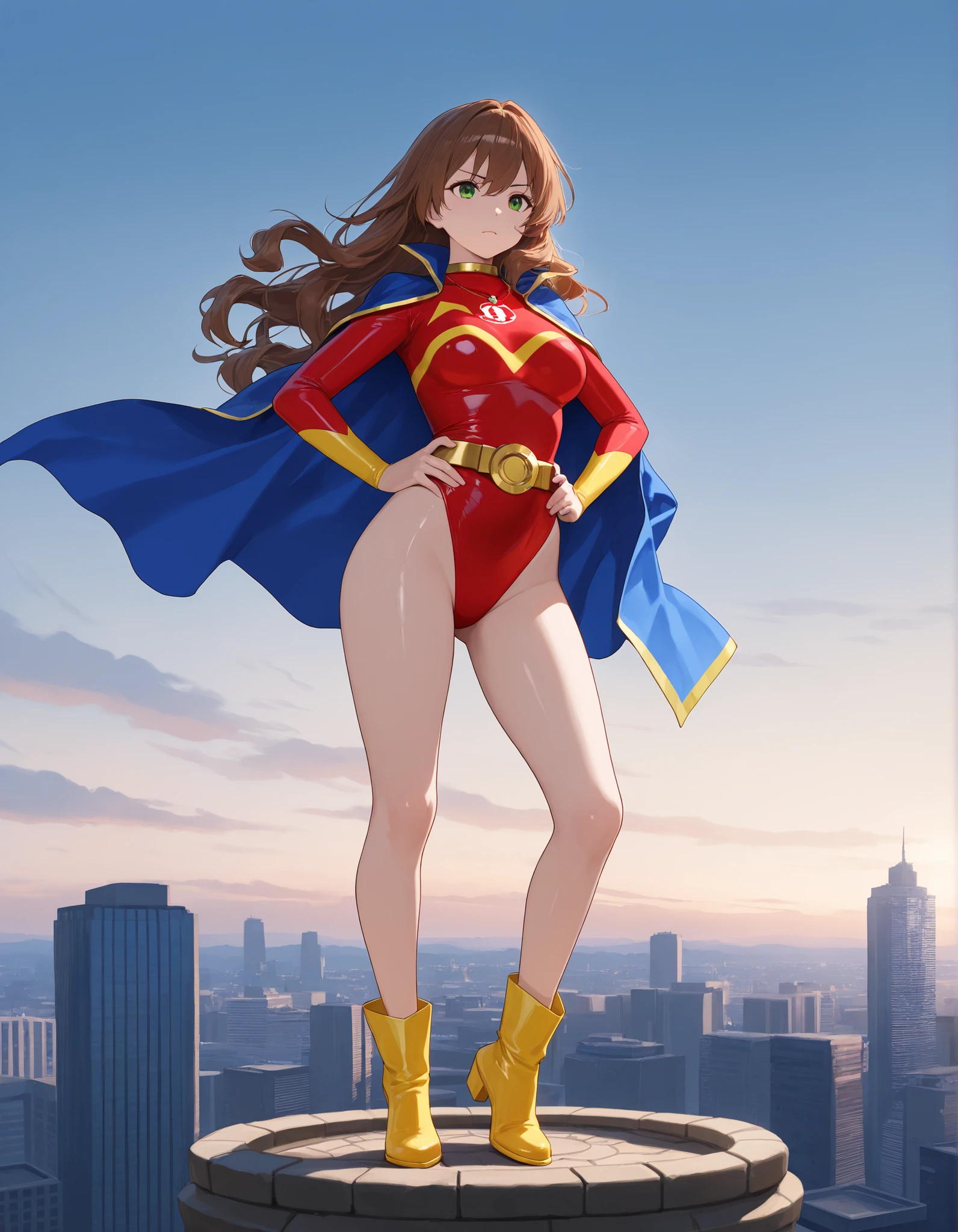masterpiece, best quality, high resolution, intricate details, detailed background, professional, 8k, 1girl, adult female, medium breasts, serious expression, cute and attractive, tall body, perfect hands, complete fingers, ideal anatomy, perfect proportions, heroic stance, long wavy brown hair, vibrant red superhero turtleneck leotard costume with yellow hawk symbol on chest, and form-fitting long sleeves, shiny fitted material, large gold collar pendant, striking blue cape with yellow trim, confident pose with hands on hips, standing tall, new york urban skyscraper backdrop, daylight creating smooth, well-defined shadows, dramatic atmosphere, (full shot), sharp focus, clear exposure, solo, solo focus, bare legs, tareme, green eyes, wide high-waisted gold belt, yellow ankle-high boots.