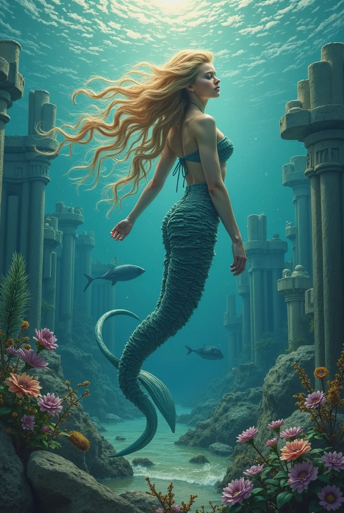 ((ethereal mermaid))) A delightful ((mermaid, finfolk)), monster ,((halloween style)), Cinematic, photorealistic, ((rocky beach scenery)), full body, from the side, sitting in a rock, full body, from the side, hair flowing with the wind, 35mm, F/2.8,