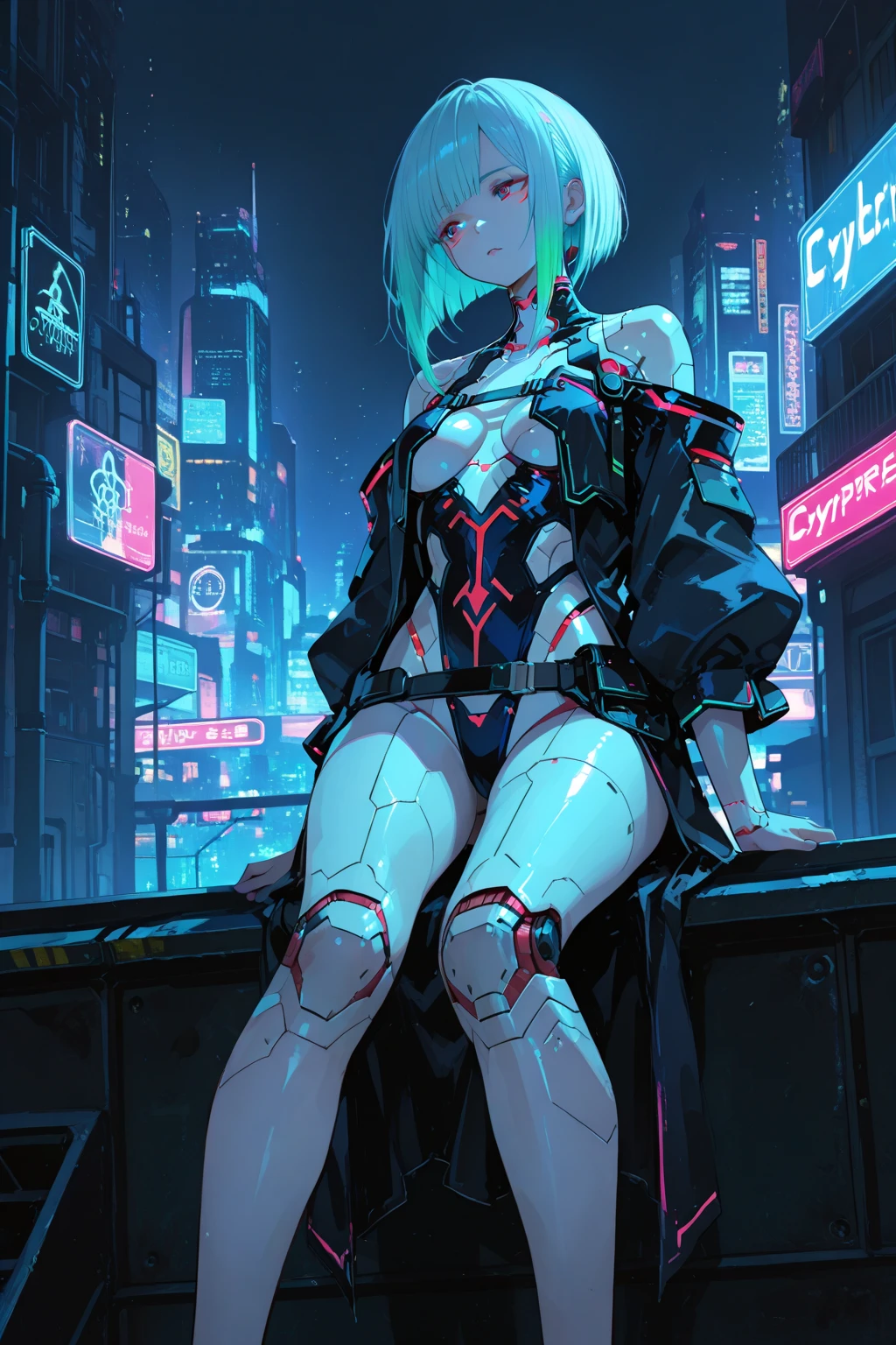 (masterpiece, best quality, detailed), 1girl, solo, looking at viewer, candace, <lora:candace-10:1> (dark skin, dark-skinned female:1.3), eye of horus,  <lora:HackedTech-20:1>hackedtech, hoodie, leather, data stream, green hues, outdoors, cyberpunk, city, night, city lights, neon lights, car, stairwell, window, dark, night, shadow, kneeling, from behind, looking back, ass, railing, parted lips