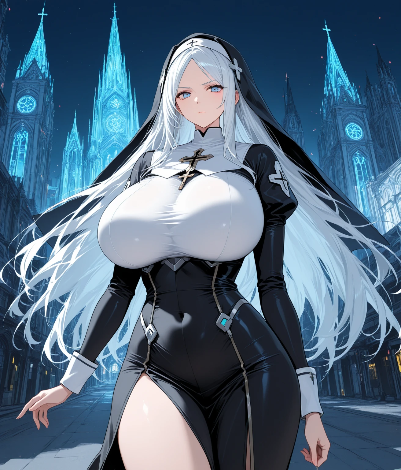 ((Cowboy shot:1.4)) 1 Same Girl , Perfect Beautiful , robot Face ,(chrome skin:1.1), (silver arms, silver face, silver legs) ((android woman)),( metallic android , long Hair , Black Gothic Nun Dress , Athletic Body , ((gigantic breasts:1.2)) Extreme Detailed Portrait With Bokeh Effect , Realistic Lighting , Night Street View , Dark Vibe , Crowd , Gothic Makeup , Gothic Tattoo , Posing Like a Model , Look at Viewer, cool lighting, blue street lamp light((sunset ambiance light:1.0))
