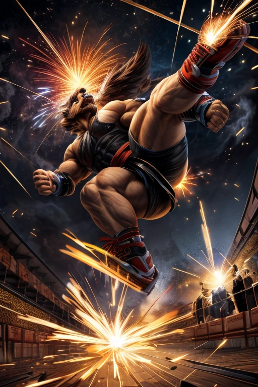 [(wordless) "sports action shot, Olympic MMA illustration, warm 1990's animation coloring, crowded arena, anticipation, moment of kick impact, dynamic detailed drawing, hatching, and perspective. foreshortening. illusion of depth and perspective by distorting the proportions,