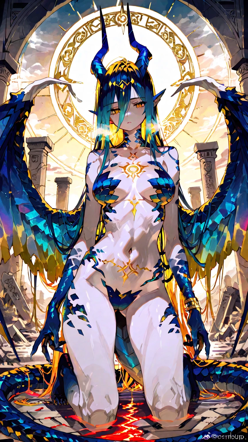 Anime girl with blue hair, red eyes and Big totally naked