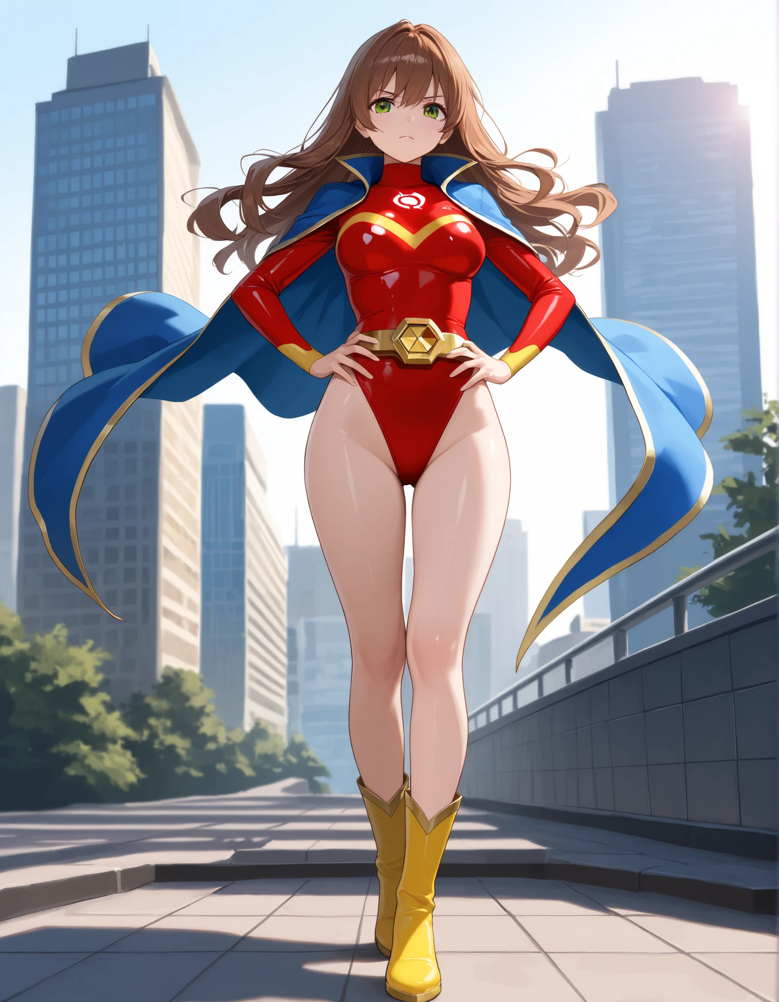 masterpiece, best quality, high resolution, intricate details, detailed background, professional, 8k, 1girl, adult female, medium breasts, serious expression, cute and attractive, tall body, perfect hands, complete fingers, ideal anatomy, perfect proportions, heroic stance, long wavy brown hair, vibrant red superhero turtleneck leotard costume with yellow hawk symbol on chest, and form-fitting long sleeves, shiny fitted material, striking blue cape with yellow trim, confident pose with hands on hips, standing tall, new york urban skyscraper backdrop, daylight creating smooth, well-defined shadows, dramatic atmosphere, (full shot), sharp focus, clear exposure, solo, solo focus, bare legs, tareme, green eyes, wide high-waisted gold hero belt, yellow ankle-high boots.