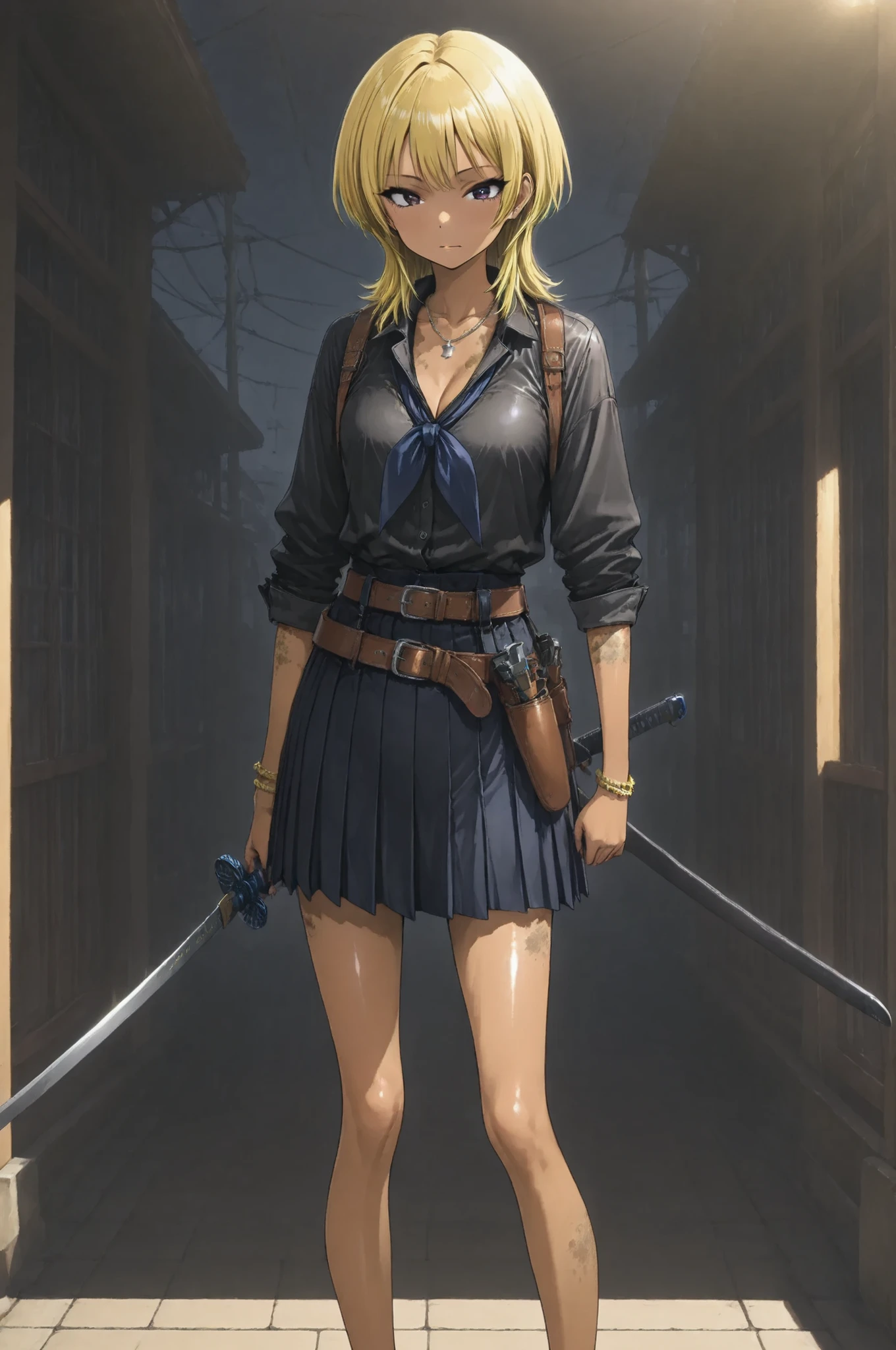One Ouka-chan、solo,wolf cut,yellow hair,Brown Skin,thin legs,perfect face,anatomically accurate,top quality,textured skin,Film lighting effects,anime screenshot,kogyaru