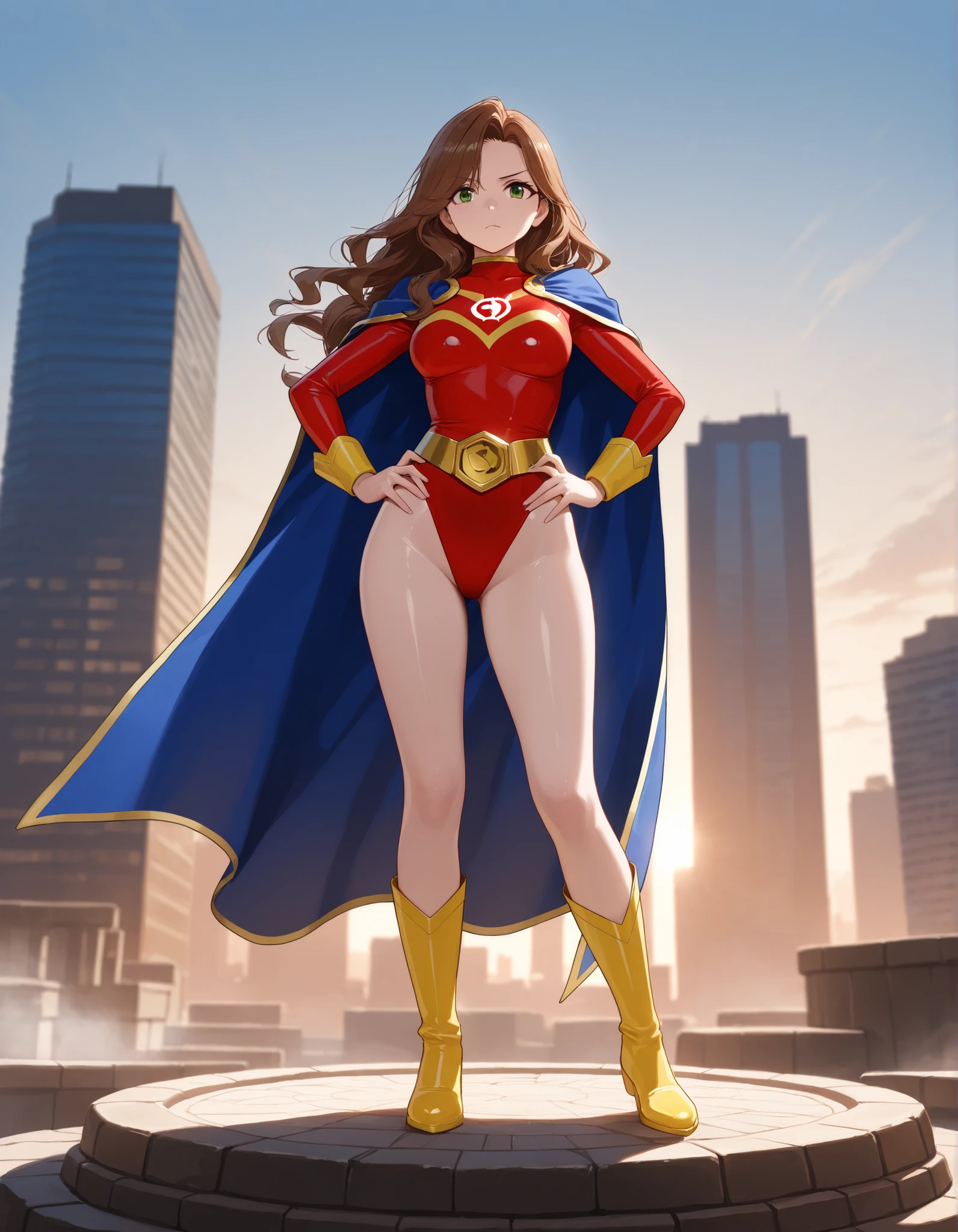 masterpiece, best quality, high resolution, intricate details, detailed background, professional, 8k, 1girl, adult female, medium breasts, serious expression, cute and attractive, tall body, perfect hands, complete fingers, ideal anatomy, perfect proportions, heroic stance, long wavy brown hair, vibrant red superhero turtleneck leotard costume with yellow hawk symbol on chest, and form-fitting long sleeves, shiny fitted material, large gold collar pendant, striking blue cape with yellow trim, confident pose with hands on hips, standing tall, new york urban skyscraper backdrop, daylight creating smooth, well-defined shadows, dramatic atmosphere, (full shot), sharp focus, clear exposure, solo, solo focus, bare legs, tareme, green eyes, wide high-waisted gold hero belt, yellow ankle-high boots.