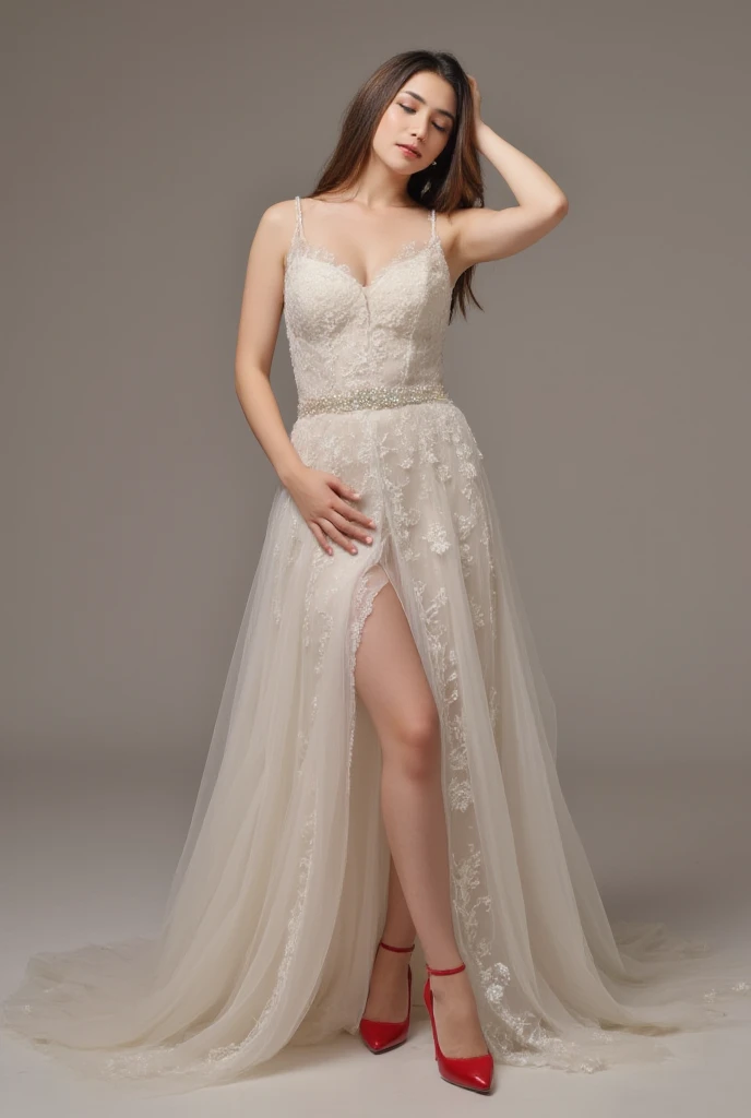 A full-body image of a European woman with an angelic essence face, standing poised looking at the camera against a gray background. She wears an ivory organza gown with a soft, flowing skirt and delicate lace detailing on the bodice. The gown’s translucent fabric creates a sense of airiness and sophistication. Her hair is styled in a halo braid adorned with small white flowers, forming a crown-like effect that radiates divine majesty. She wears gossamer slippers with lace embellishments. Her jewelry includes ethereal symbol earrings and a gemstone necklace, adding a mystical and otherworldly allure to her angelic attire.
