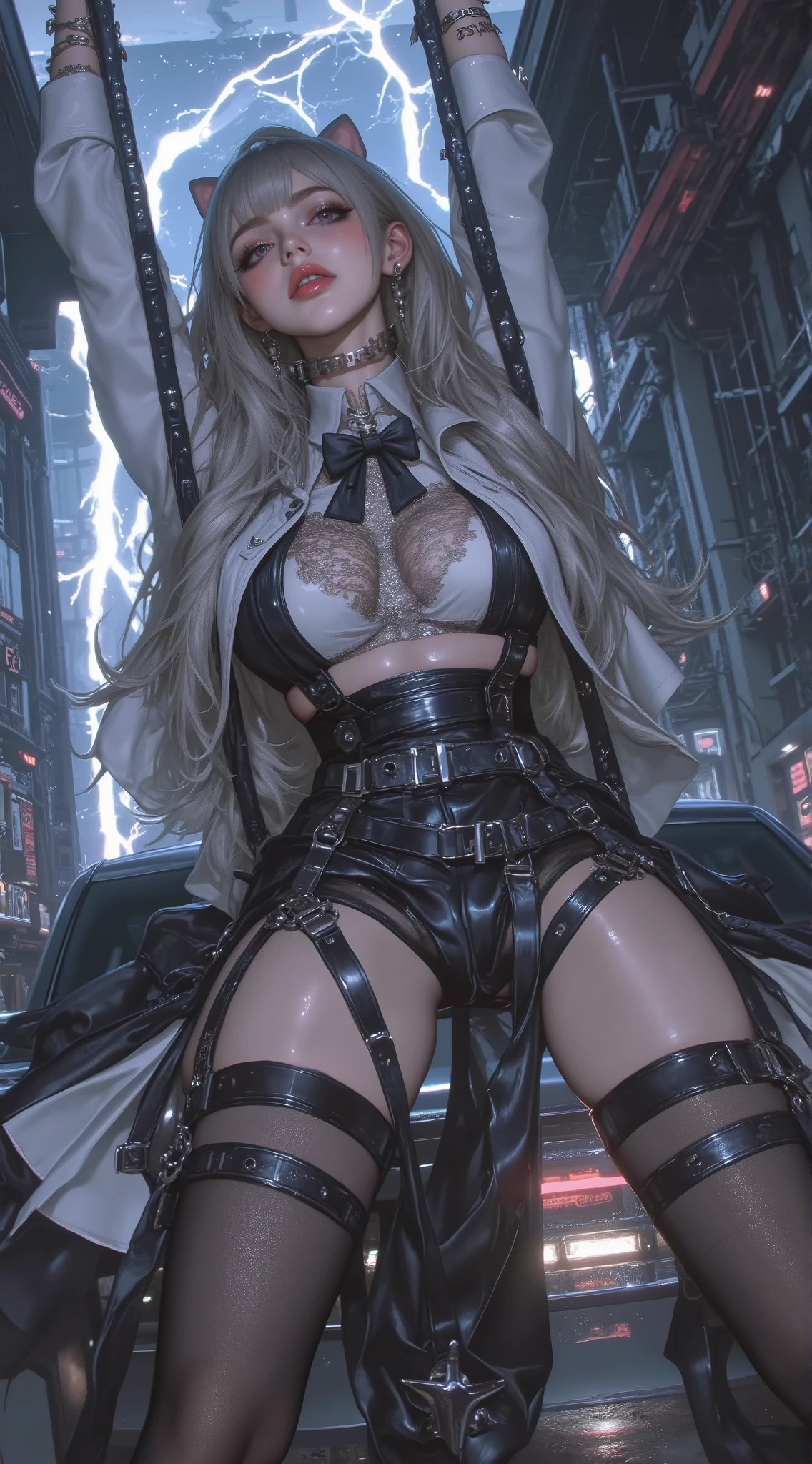 (8K、4K、highest quality、High resolution)、blonde long hair、big breasts、High leg、anime face、muscular body、Beautiful eyes that shine、anime chic eyes、kind face、nun、Lock,O-ring,veil,elbow bag,thigh strap,thigh boots, have a gun、Assault rifle
