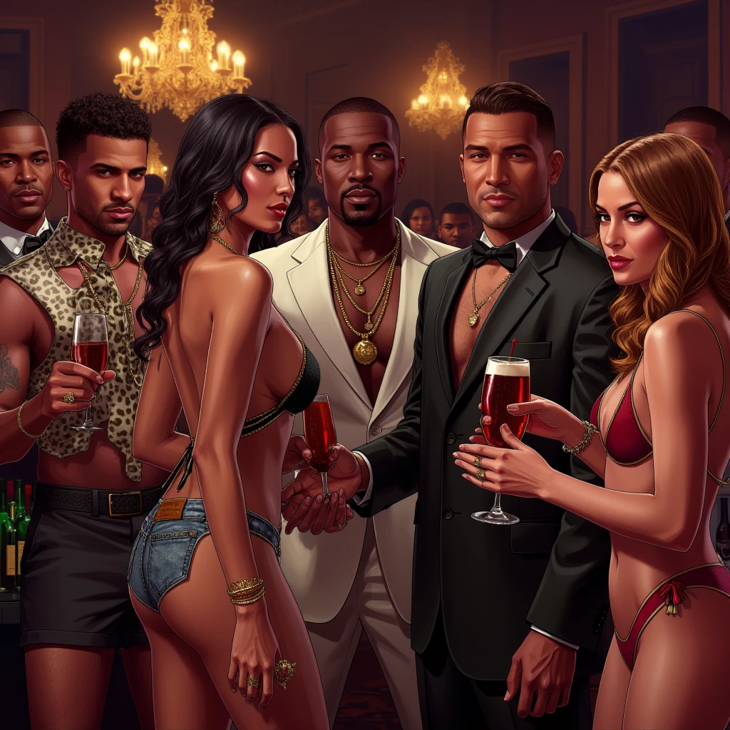 (Best Quality, 2k, Masterpiece, QHD: 1.3, A Handsome short haired african barbarian man is surrounded by three women up against him touching him and gaze at him, at a mansion, wearing Tracksuits that show off body, perfect bodies, women: long flowing hair, seductive, materials, golden hour, , jewelry, golden hour, sensual, photorealistic, masterpiece, in love, small grin, perfect faces, Flirtatious-groping