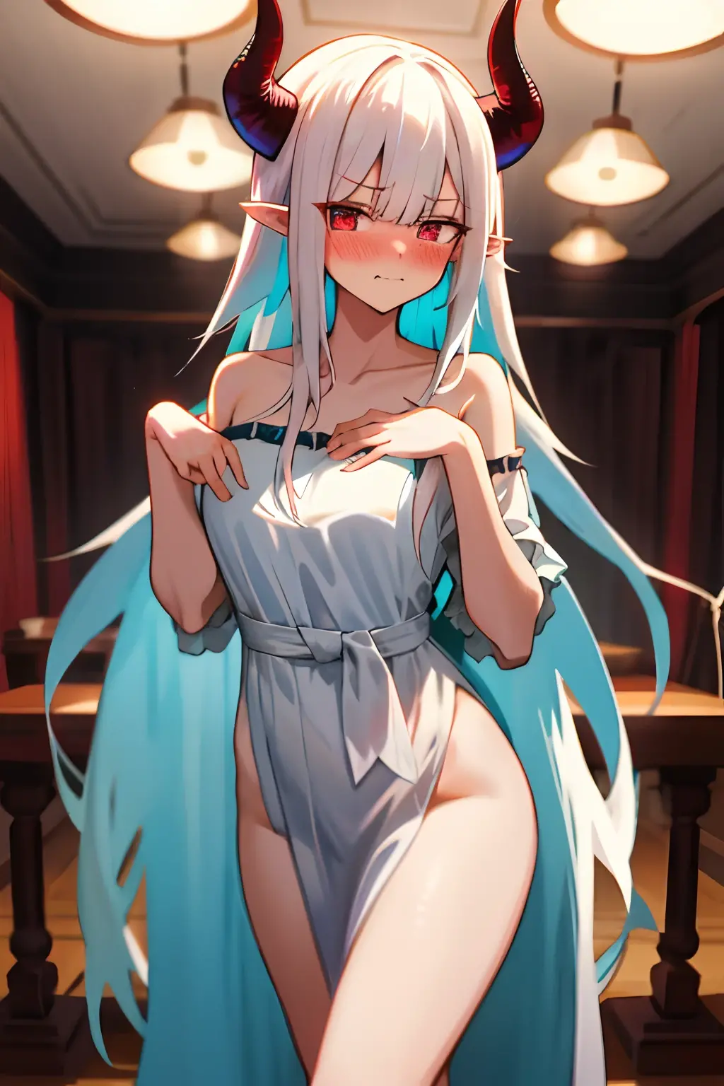 One girl with long hair, white hair, looking at viewer, embarrassed, blushing, indoor , oversized naked night gown, thigh, pointy ears, demon wings, demon king, demon horn, standing, sexy pose, perfect waist