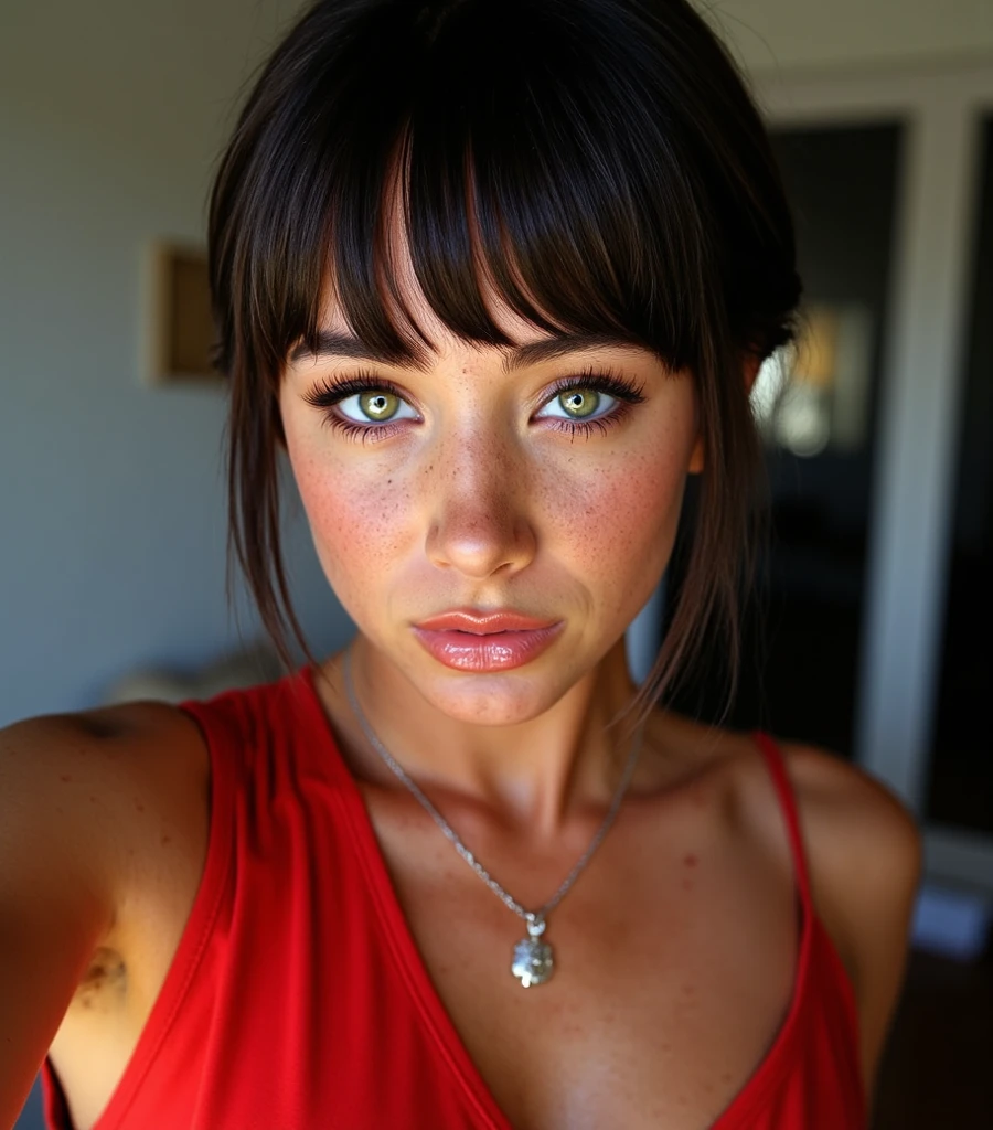 cute beautifull brunette, wearing a sexy , in a room, full body, ready to , perfect angle, very detailed, 23 years old, naughty face, messy long hair, green eyes, hight-res, masterpiece, best quality, intricate details, highly detailed, sharp focus, detailed skin, realistic skin texture, texture, detailed eyes, professionnal, 4k, smile, shot on Canon, 85mm, shallow depth of field, kodak vision color, eyeshadow, extremely detailled, photo_(ultra), photorealistic, realistic, post-processing, max detail, roughness, real life, ultra realistic, photorealism, photography, 8k uhd, photography, 