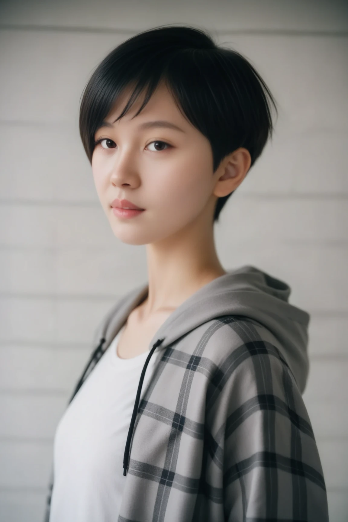 17 years asian girls using black oversized shirt (facing to the camera) short black hair smiling at viewer 