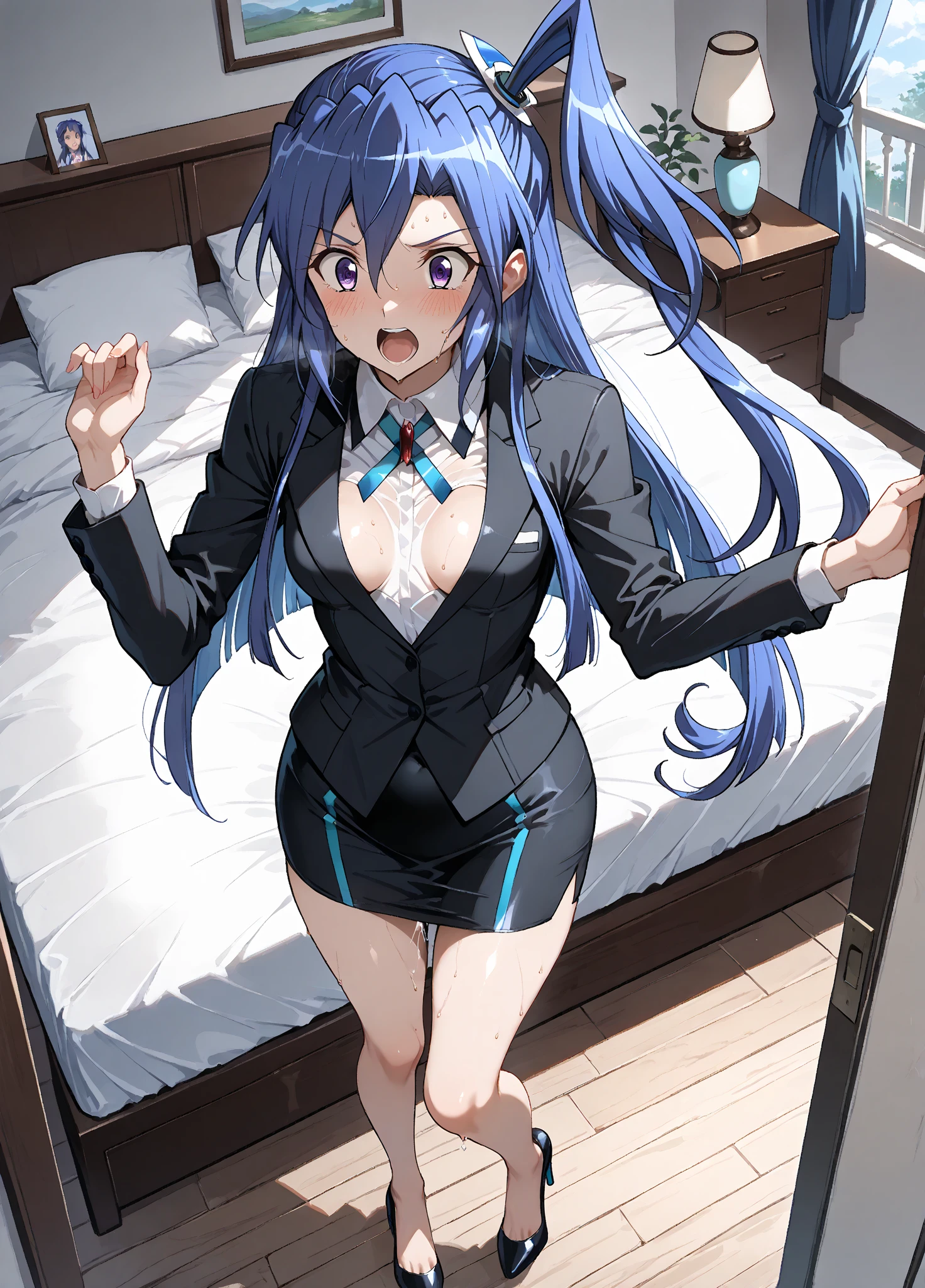 miwakasumi, eye, Blue Hair, Long Hair, In case of a tie, Black suit,pants,break looking at viewer, whole body, Take a break indoors, Shabby room, break (Tabletop:1.2), Highest quality, High resolution, Unity 8k wallpaper, (figure:0.8), (美しい細かいeye:1.6), Highly detailed face, Perfect lighting, Highly detailed CG, (Perfect hands, Perfect Anatomy)、Thick penis