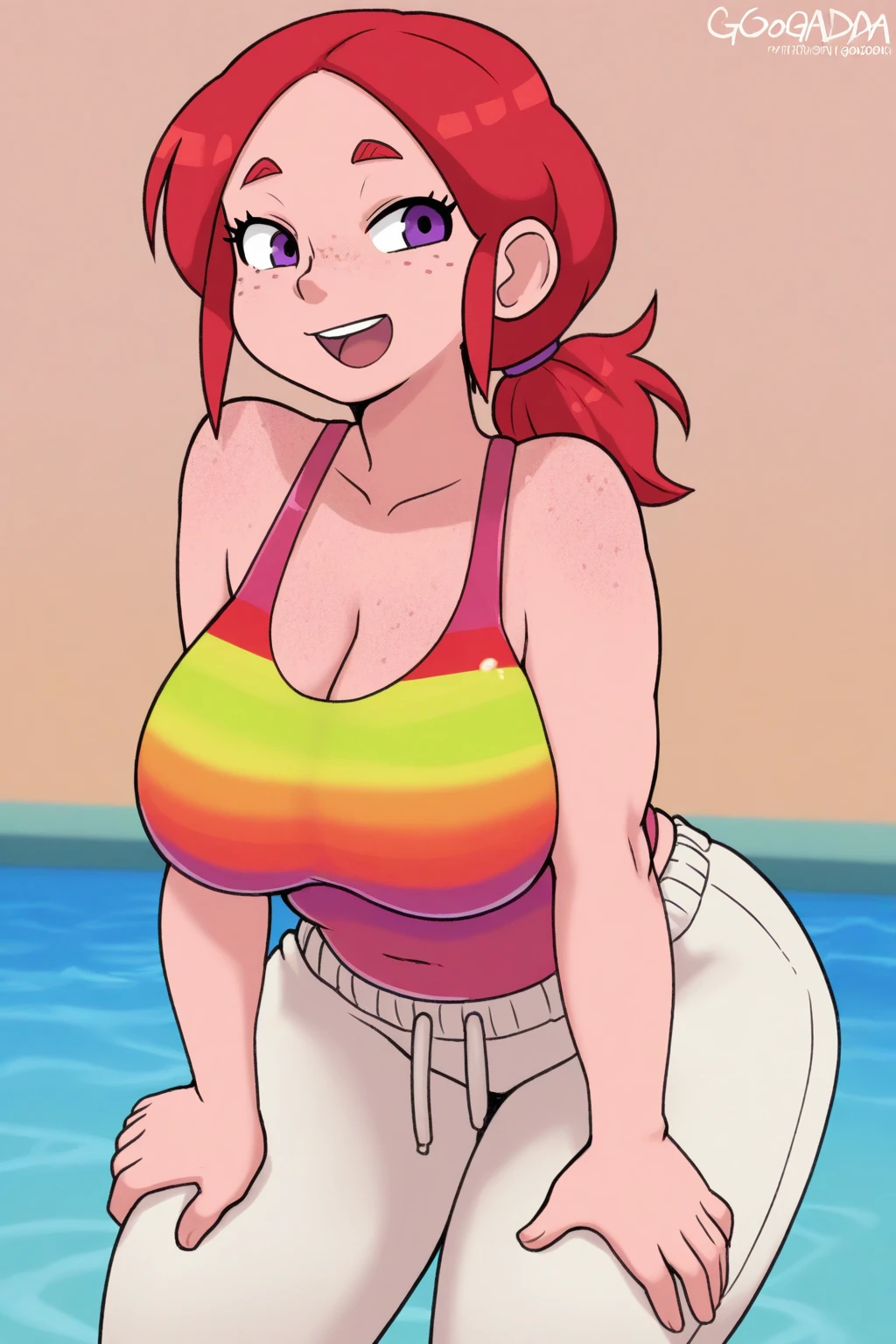 Bbw with bandeau bikini, pear figure, very fat legs, humongous belly, huge breasts, round face, smiling, wavy hair, standing near the ocean shore,