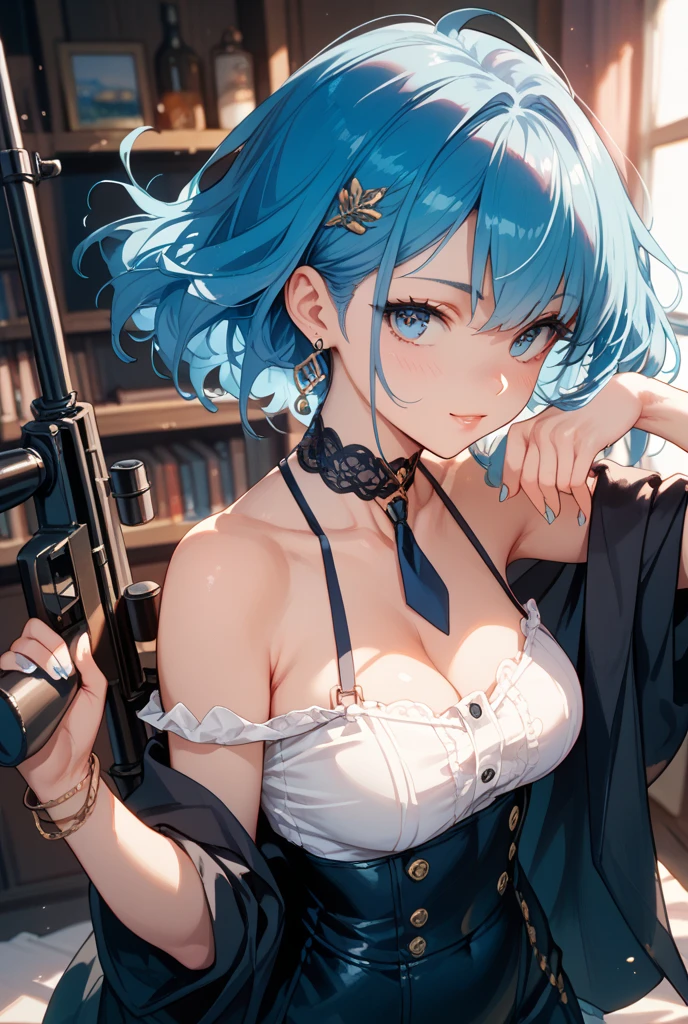 1 girl, light blue hair, light hair hair, sharp eyes, light blue eyes, sleeveless combat dress, bow, serious look, masterpiece, high quality, fantasy eyepatch, unique eyepatch, short hair, short hair, very short hair, unique hair, special hair