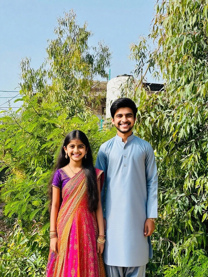 New home ceremony function girl and boy friends boy wear blue shirt and girl wear blue half saree with 19 yrs pic

