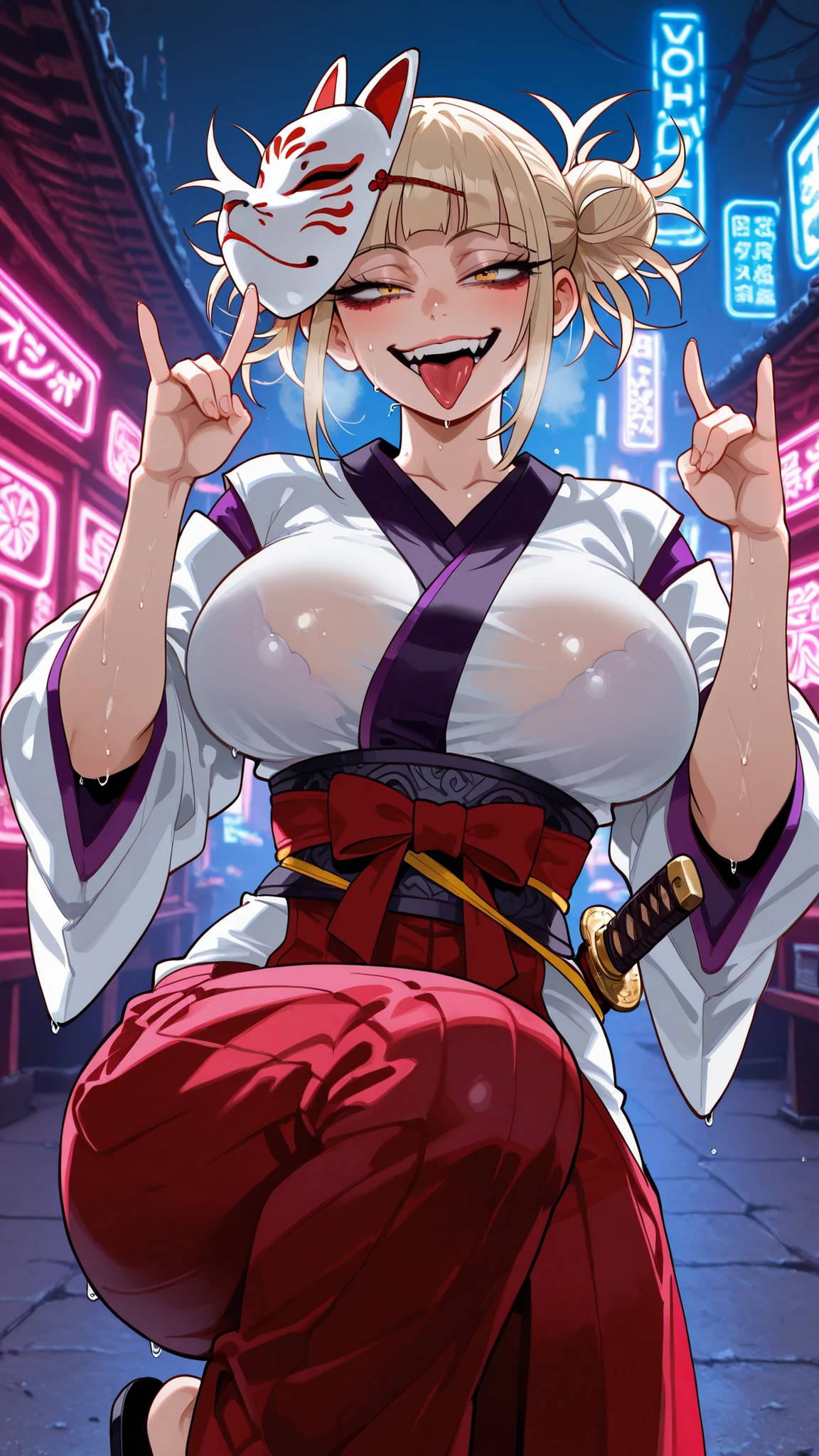 masterpiece,best quality,amazing quality, absurdres, <lora:bra_cups_sticking_out_ilxl_goofy:1> slutty Toga Himiko, short beige hair, two buns, tongue out, smile, big smile, long eyelashes, Japanese sandal, wield katana, leg up, traditional shrine maiden outfit, white haori, red hakama skirt, white sleeves, fox mask, fox mask with purple trim, , , slit, light wind, drenched in sweat, pose, attack pose , background: science fiction , cyberpunk , futuristic temple , neon lights , break