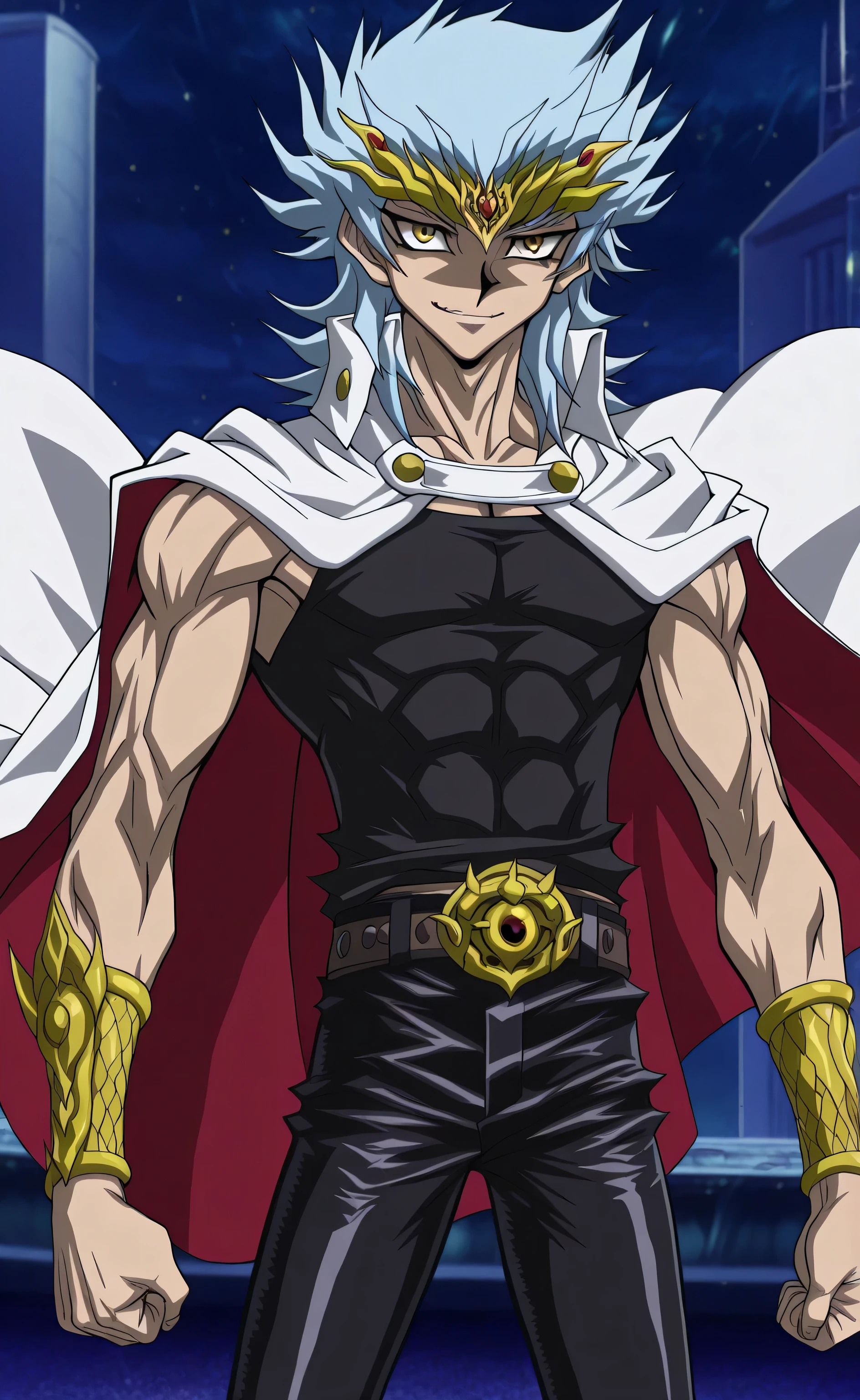 1male,solo,Ryuga,sillver hair,medium hair,yellow eyes,smirk,white cape,black toptank,leather pants,muscle,Yugioh Dark Side Of Dimensions Style