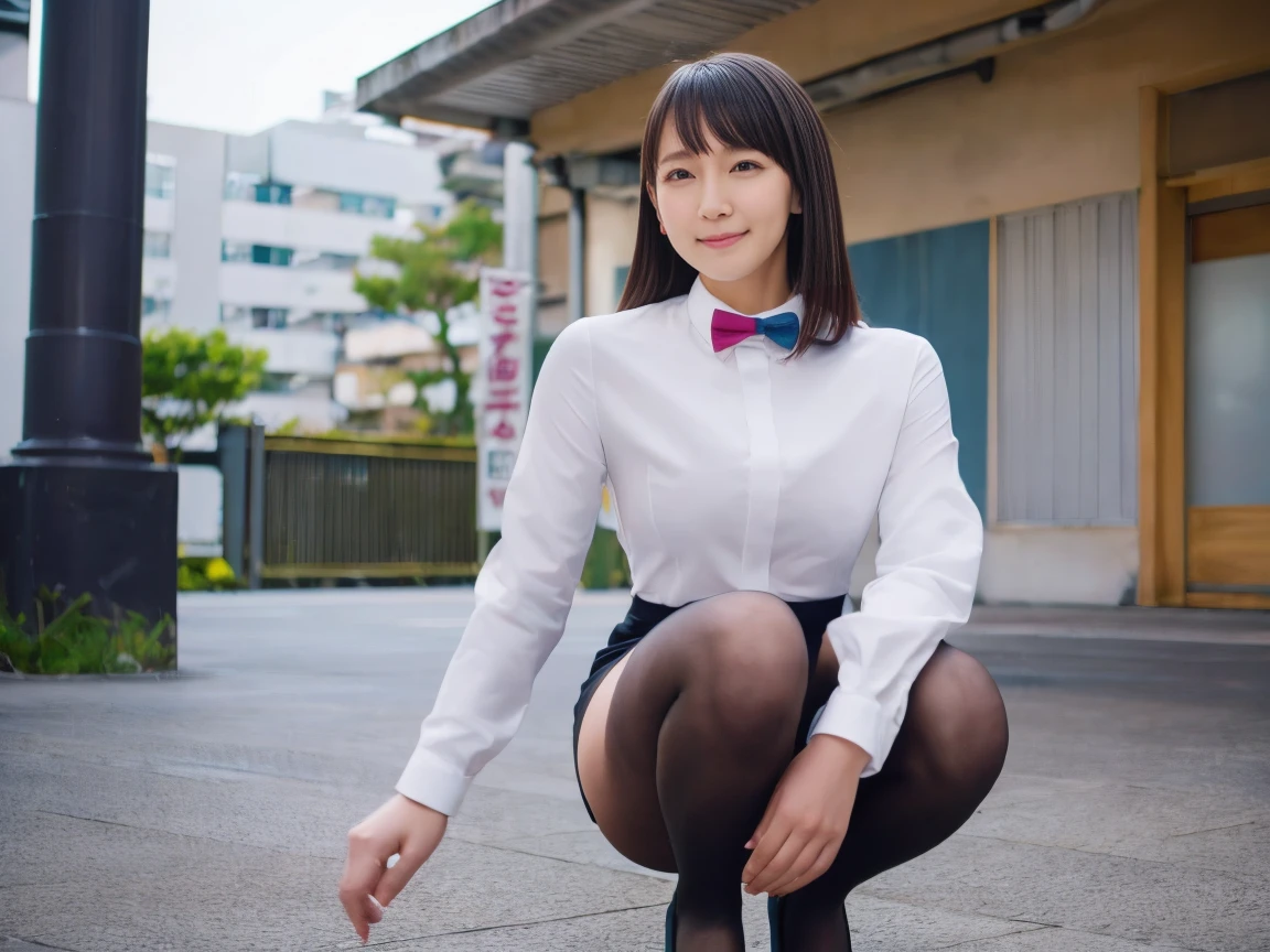 (Top quality, 8K, no makeup, masterpiece, ultra-high resolution, photorealistic, photorealistic), 20-year-old girl, idol sculpture, national beautiful girl, cute girl, thin waist, round eyes, smile, delicate face, beautiful skin , short hair, walking in a big city, streets of tokyo, buildings, female office worker, dark blue company uniform, lifting the skirt, lifting the skirt, showing lace panties, from below