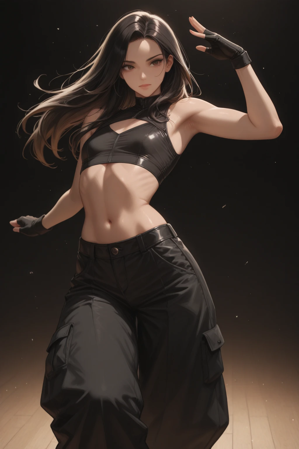 (masterpiece, top quality, best quality, official art, beautiful and aesthetic:1.2), (1girl:1.3), (fractal art:1.3), girl,full body,solo, gloves, headband, pants, ponytail,pants,black gloves, large breasts, long hair, sports bra, earrings, brown hair, midriff, jewelry, white socks,white footwear, rope, navel,white socks,toned, looking at viewer,standing,from below,..