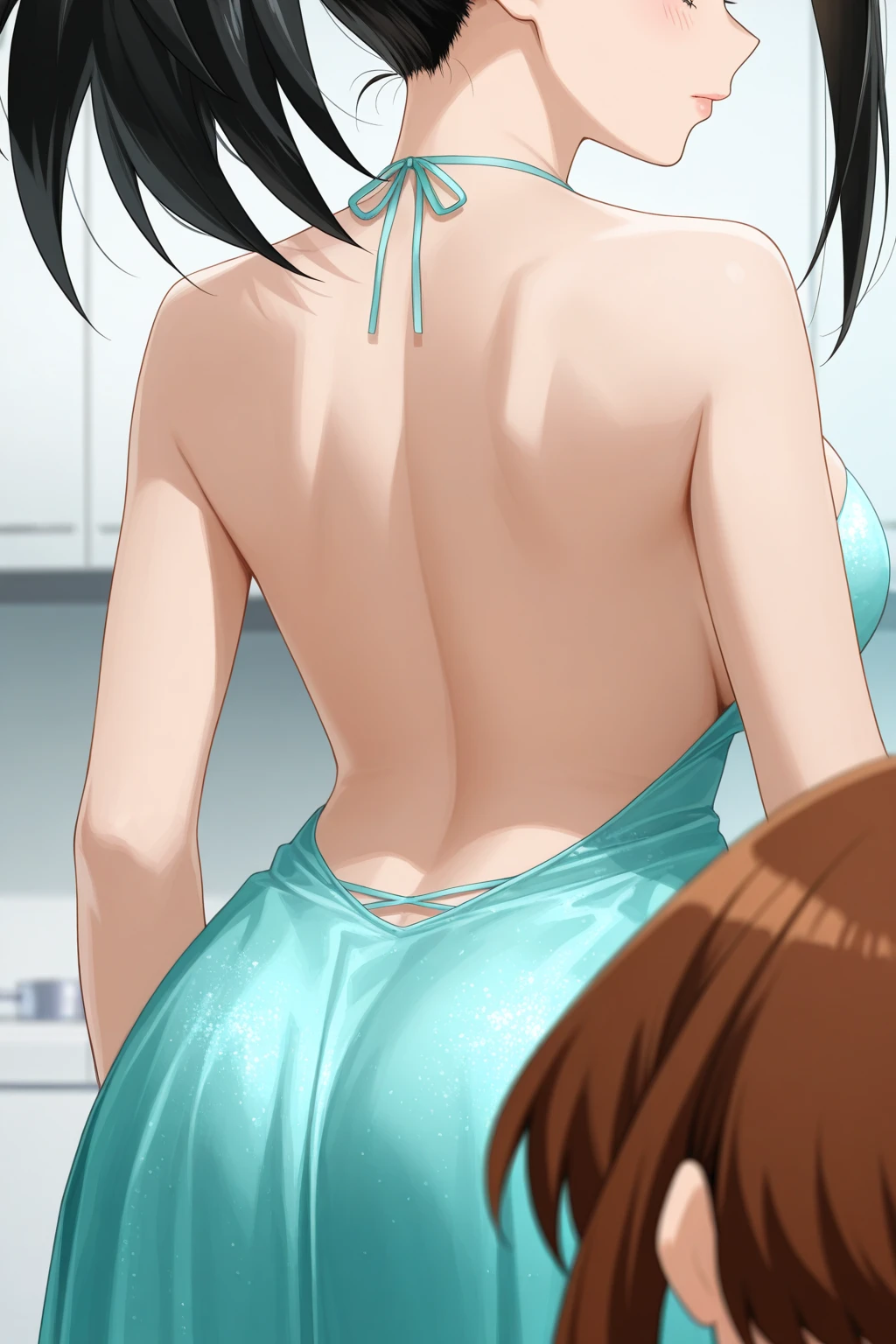 (超High resolution,4K,Very detailed, photograph, 8k, High resolution, High resolution, Absurd:1.2),40-year-old Japanese woman,expensive,Long black hair,Beautiful character design,Beautifully detailed eye depiction,Perfect Face,Expressive eyes,Brown eyes,blush,smile,Smiling with teeth showing,(Naked Apron:1.6),(Huge saggy breasts:1.2),Tight waist,(Wide Hips:1.4),In the kitchen with a window,Daytime,Are standing,Hip protruding pose,(Back view:1.2)