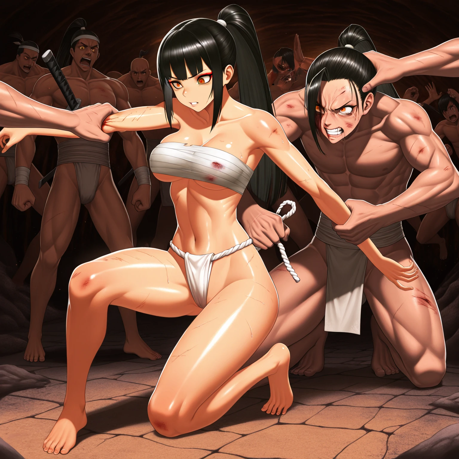 (Tentacles cut with a sword),((masterpiece,best quality anime,Highest quality:1.3)),realistic,cowboy shot,(25 year old beauty),Female ninja,1woman,独奏,((very small head:1.4)),((very long body:1.3)),black hair,bangs,straight long hair,gorgeous big eyes,black eyes,Angry expression、((tan skin:1.5))、((Injury,mole)),((slender body:1.3,skinny)),medium breasts,naked,nipples,gleaming skin,shiny skin,sweat,Japanese sword slashing stance,Old shrine in the mountains、night,nsfw,Action Scenes、