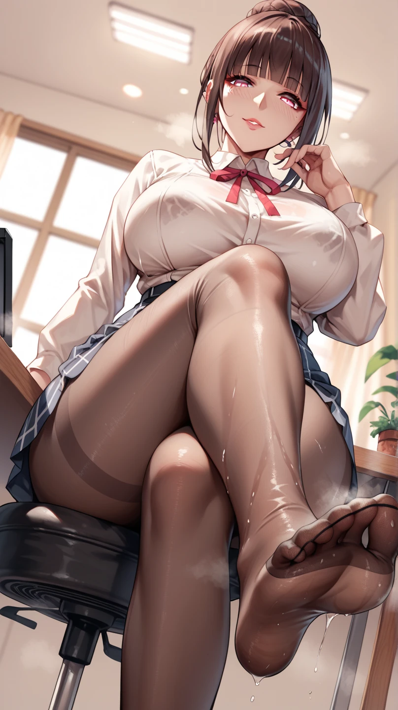 ((masterpiece)), ((Highest quality)), ((Very detailed)), One girl, Long Hair, classroom, Feet Focus, Sit on a chair, Big Breasts, plump, blazer, skirt, pantyhose, panties under pantyhose, Wicked Smile, Looking at the audience, From below, (Turn the soles of your feet to the viewer:1.3), Steaming body, Sweat, (Sweaty feet:1.2), Lift your legs