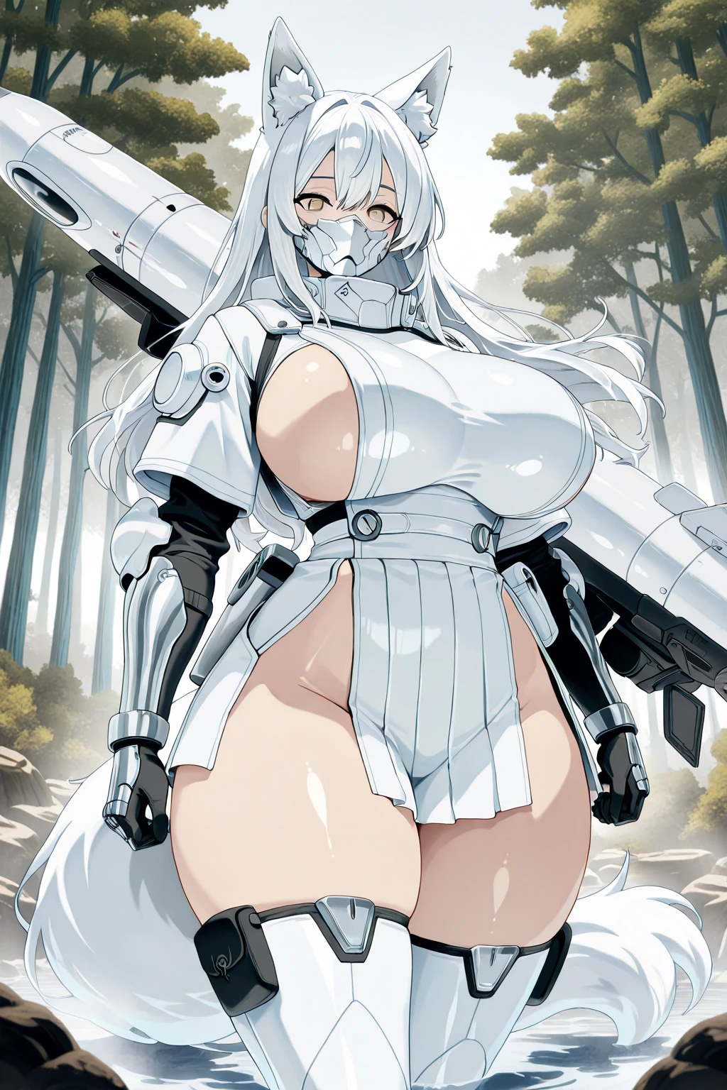 1 dark skinned girl, futuristic mech pilot, topless, no panties, huge breasts, mech pilot base, very fit, humanoid mecha in background, very sweaty, small waist with big bubble butt, smiling for a photo, cameltoe pussy, very long pigtails, white hair, spreading ass with no panties, zoom in on ass, ass fills frame
