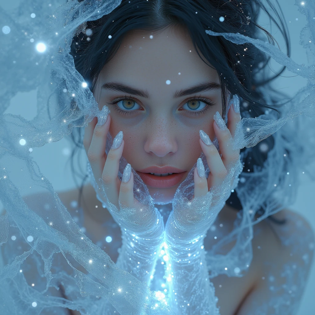(beautiful screaming ???? woman), (eyes open), (terrified expression), (((frightened expression))), (((startled expression))), (((shouting))), (clear resin face), (face made of clear resin), (face turning into clear resin), (head made of clear resin), (body turning to clear resin), (body made of clear resin), (clear resin body), (skin becoming clear resin), (face turning to clear resin), (head turning to clear resin), (arms turning to clear resin), (hands turning to clear resin), (clear resin hands), (clear resin fingers), (skin made of clear resin), (clear resin skin), (hair made of clear resin), (ASFR), (turning into clear resin), (becoming clear resin), (winter forest background), (defensive posture), ((((half made of clear resin, half made of flesh)))), side profile