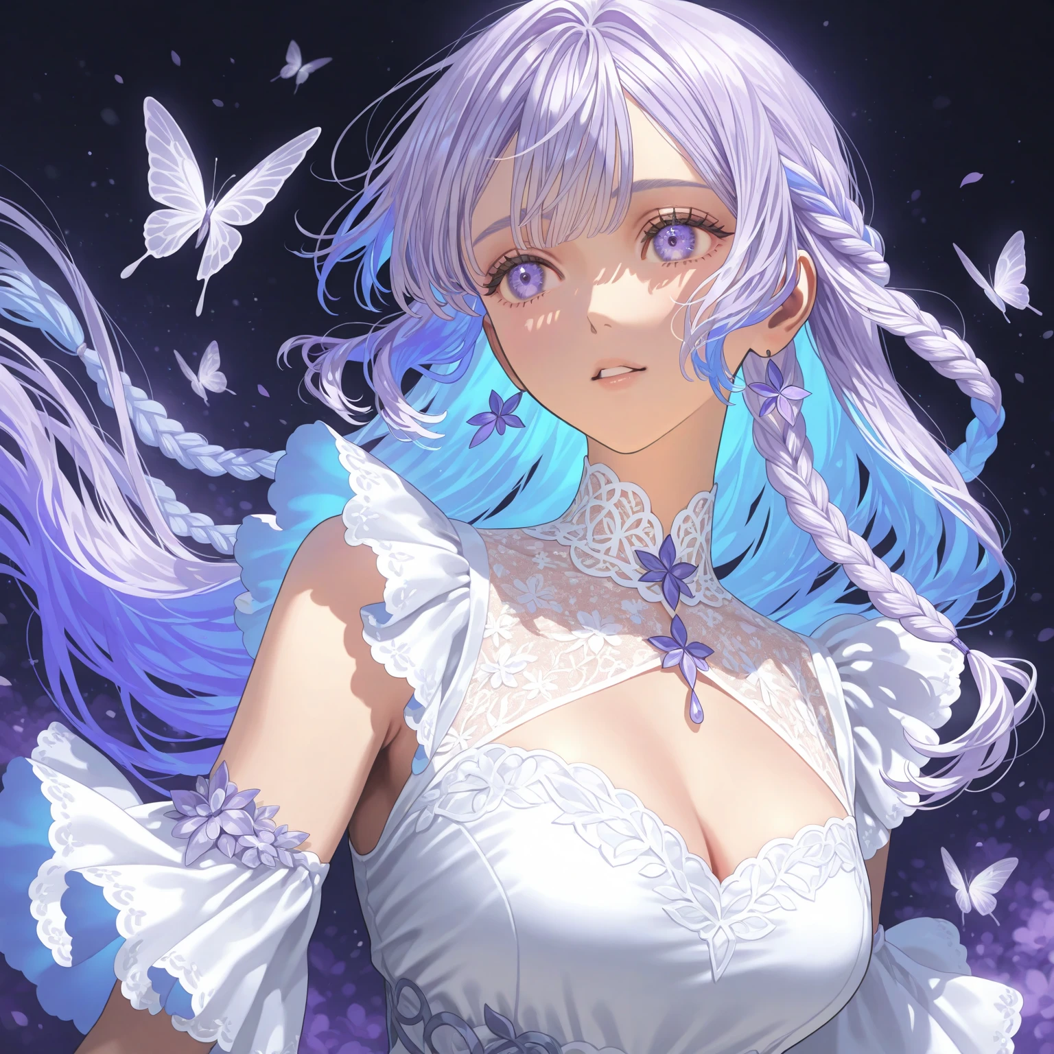 (best quality)+,(on the table)++,(Super detailed)++, Masterpiece Top Quality Super Fine Illustration High Detail Lighting Perfect Lighting, (1 bride:1.3),, First class female body, Perfect body, beautiful breasts, View from the front, from above, delicate luster, Beautiful and delicate eyes, cute face, beautiful lips,  a girl surrounded by crystals, purple eyes, beautiful purple hair, Beautiful iridescent eyes, Beautiful long and tousled hair, Sexy brides，Sexy wedding dress, Glow effect lens flare lotion gloss shine holy light background sunlight, White，White尖头高跟鞋, looking at the audience,