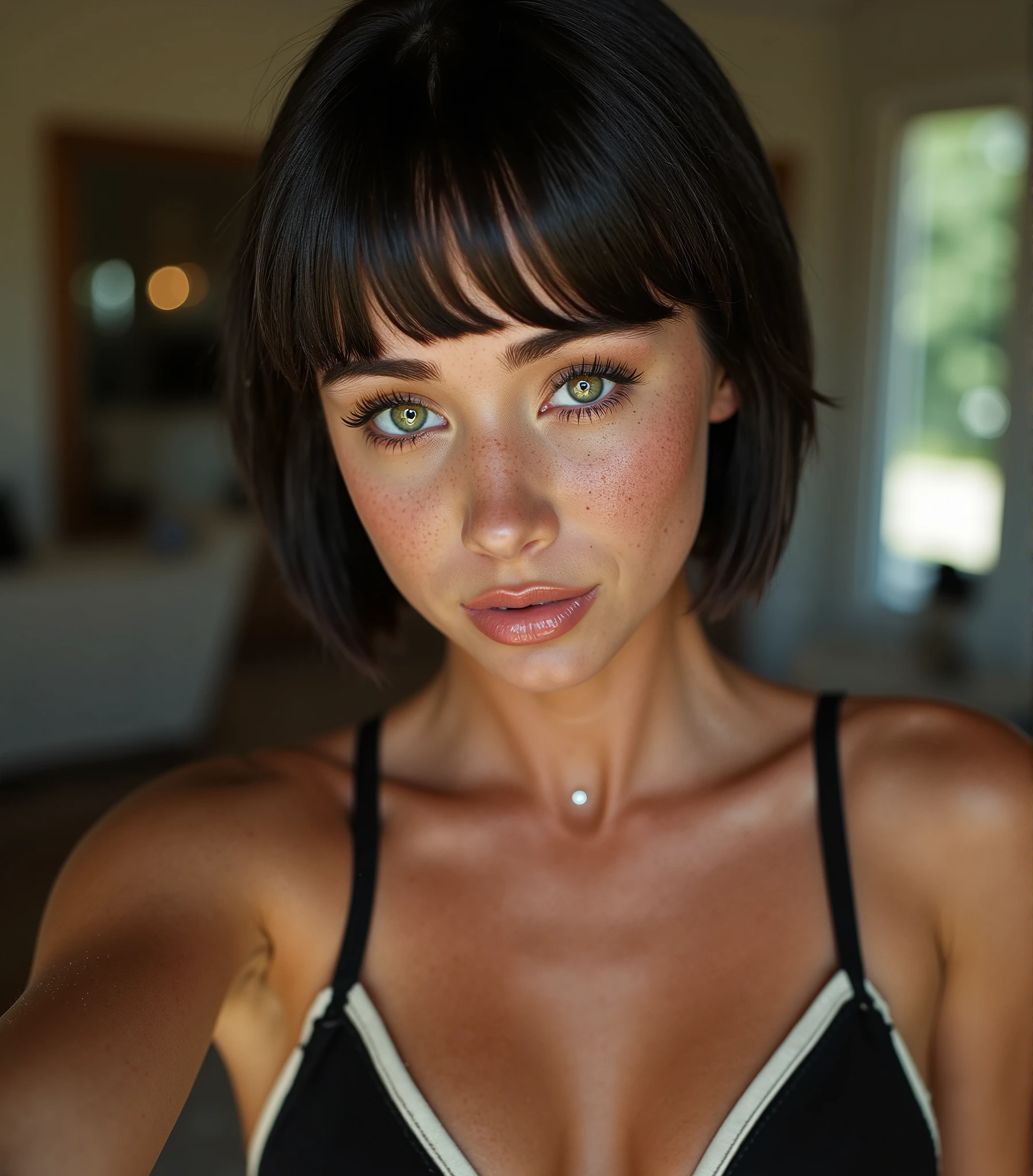 (sexy), ultrahigh resolution, great quality, 8k, photo and raw, best quality, masterpiece, hyperrealistic, incredible, photorealistic, extremely detailed, sharp focus, real person, very attractive and beautiful, (Sara Jean Underwood), (Sara Jean Underwood's facial features), (Sara Jean Underwood's face), (Sara Jean Underwood's body), (Silky jet black pixie cut hair with bangs), (green color eyes, iris and pupil perfectly defined), Detailed face, twenty three years old, model body, sexy body, (She's all smiles as she takes a selfie at home, wearing the new official Valencia CF 25/26 season jersey and short jeans, happy), (with very little makeup on, full body photo, amateur photo style, Sara Jean Underwood, captivating and tempting, Realistic, sensual look, sexy, Instagram model, sensual posing, natural pose, happy and sexy expression, goddess, perfect physical proportions, freckles on the nose), perfect mouth, perfect legs ,sinuous look, sexy look, stitching, (detailed skin), cinematic lighting, perfect detailed and pretty eyes, (Highly detailed body, perfect body measurements), detailed and tempting lips, (Body measurements 36D-24-34), (height 165 centimeters, weight 52 kilos), marking body clothes, marked breasts, rosy cheeks, juicy and sexy lips, perfect lips, wild and sexy hair, Full body view, Highly detailed CG unit 8k wallpaper, shot style, complex, High detail, Dramatic, Highest Quality Movie Still Image, Realistic Ultra Detailed Rendering Style, Natural Light, Crisp Character, DSLR, iphone 16 pro max, (intricate details), natural photography, natural light, extremely realistic and natural pose
