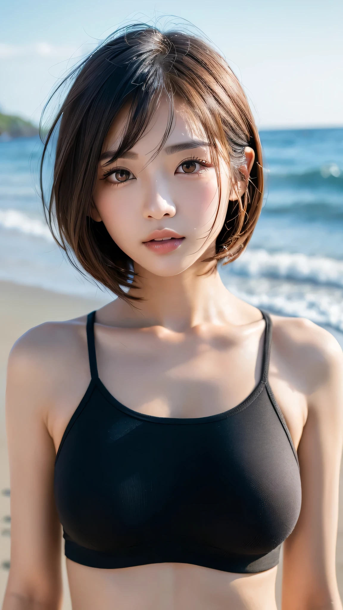 Cute Japan woman in short cut doing yoga on the beach,Photorealsitic, highcontrast, 8K HD, detaileds, realistic skin textures, top-quality, 超A high resolution, Raw photo, Dramatic Lighting, unrealengine, Short-cut hairstyles,Beautiful girl model,detaile, hyperdetails, realistic skin textures,Very meticulously