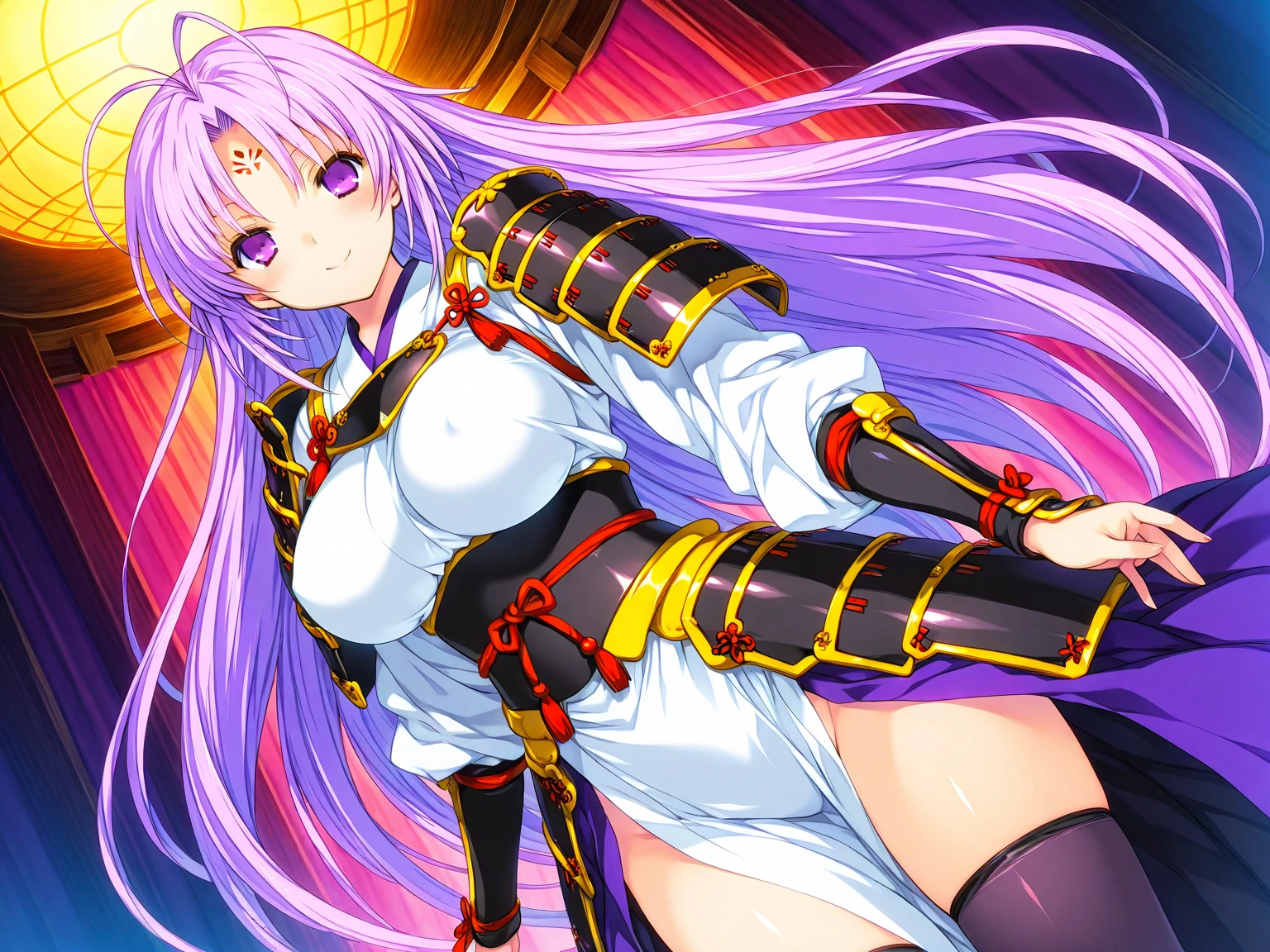 (hero neisan art style:0.7), (harayutaka art style:0.7), score_9, score_8_up, score_7_up, score_6_up, uncensored, quinella, absurdly long hair, purple eyes, long hair, parted bangs, purple hair, very long hair, hair ornament, BREAK (masterpiece:1.2), best quality, high resolution, (detailed eyes:1.3), perfect lighting, (perfect hands, perfect anatomy), large breasts, 1girl, breasts, black_gloves, gloves, navel, rating:questionable, looking_at_viewer, solo, skirt, pasties, standing, school_uniform, serafuku, thighhighs, shirt, revealing_clothes, short_sleeves, pleated_skirt, skirt lift, fundoshi, excessive pubic hair peek,
