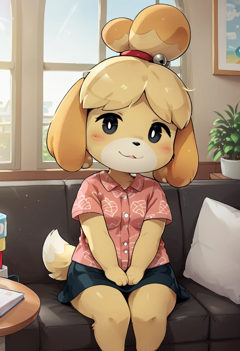 score_9, score_8_up, score_8,    <lora:Shizue_for_PonyXl:0.8> 1girl, dog girl, shizubelle, animal ears, furry female, blonde hair, tail, black eyes, topknot, shirt, skirt, sitting on couch, living room, window,