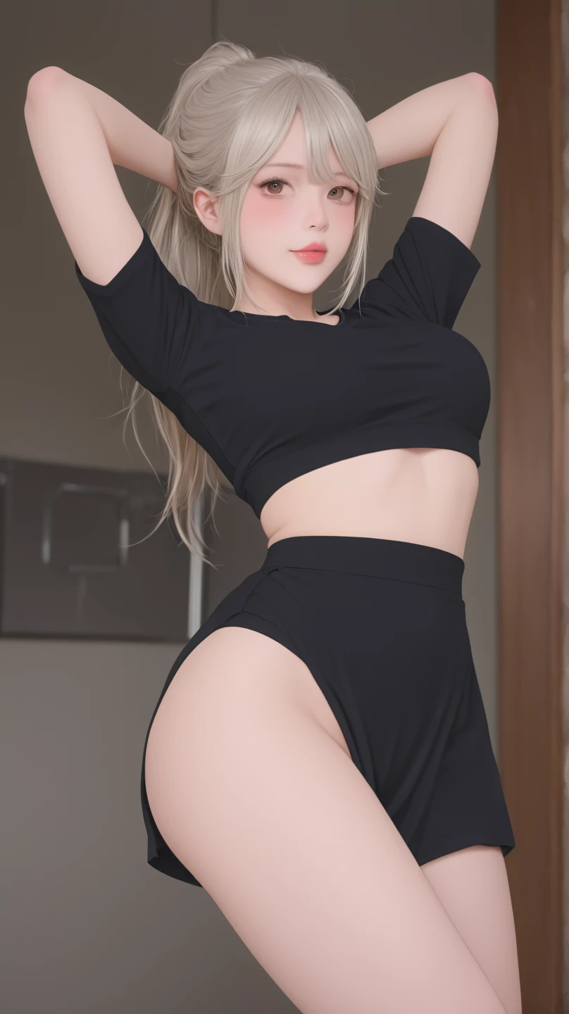 1girl, (Blue Eyes), (smiling :1.2), (Sana Minatozaki), (beautiful makeup :1.2), wide hips, (big tits :1.1), (big ass), (thin waist), (thick thighs), (toned legs), (Best Quality, 8k, Masterpiece: 1.3), Clear Focus: 1.2, Perfect Body Beauty: 1.4, (strong abs), Highly detailed face and skin texture, detailed eyes, double eyelids, (shiny skin :1.2), (long blonde straight hair :1.2), (white strapless t-shirt :1.1), (black thong :1.3), (black fishnet pantyhose :1.2), standing, dynamic pose, in a living room
