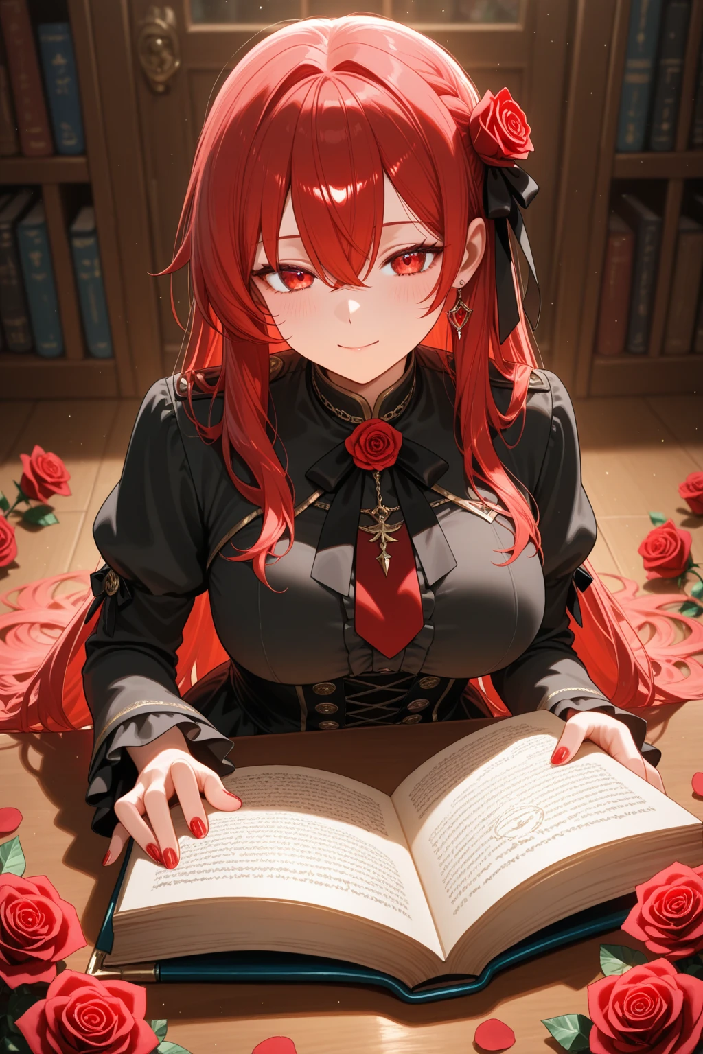 masterpiece, 1girl, red hair, yellow eyes, horns, ponytail, sitting, couch, living room, lamp, reading, glasses