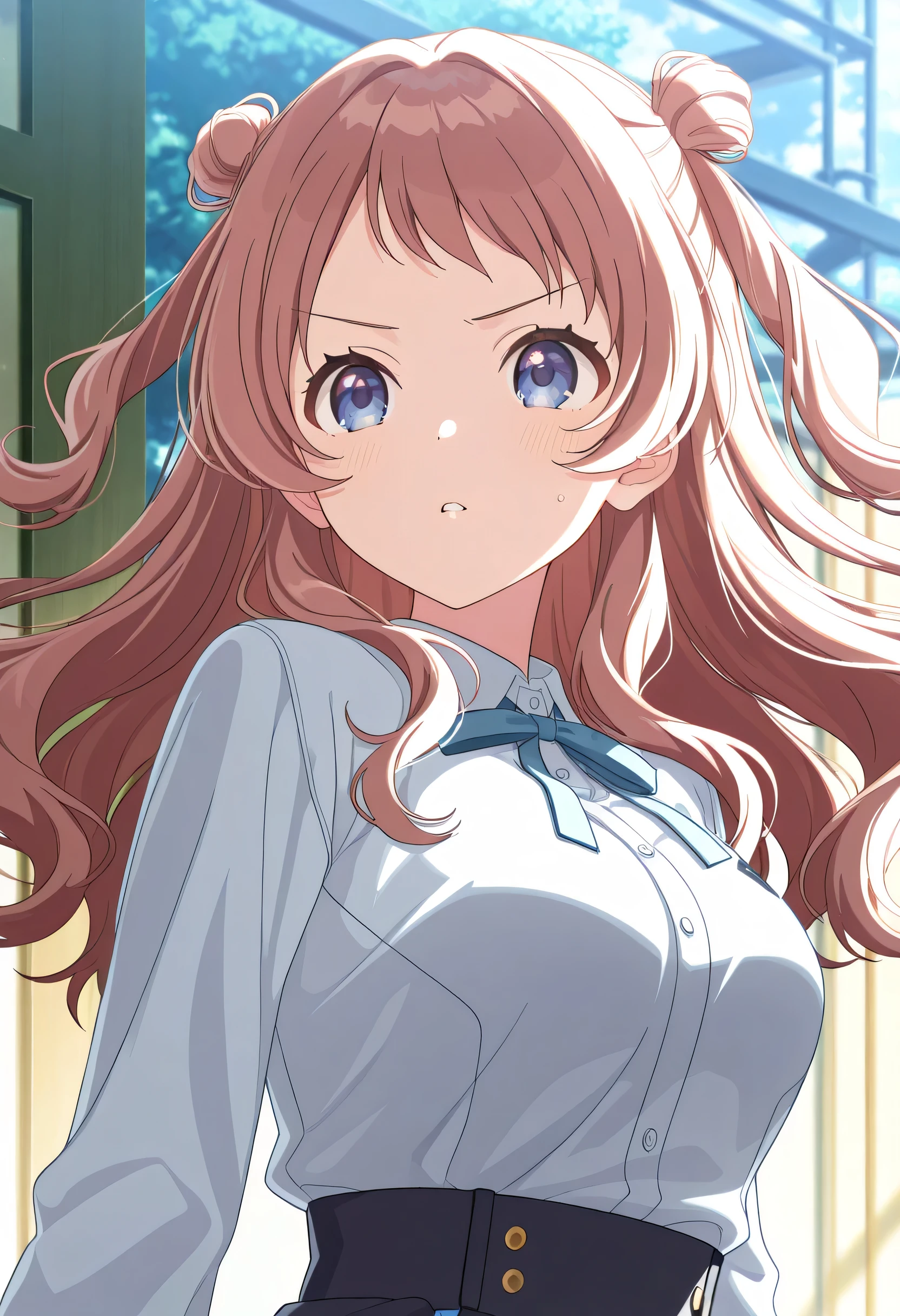 score_9, score_8_up, score_7_up,source_anime,,anime screencap,(masterpiece),(best quality),(ultra-detailed),(best illustration),(best shadow),(absurdres),(detailed background),(very aesthetic),gakumas,1girl, 1girl, hanami saki, double bun, hair bun, brown hair, blue eyes, long hair, large breasts, upper body,
