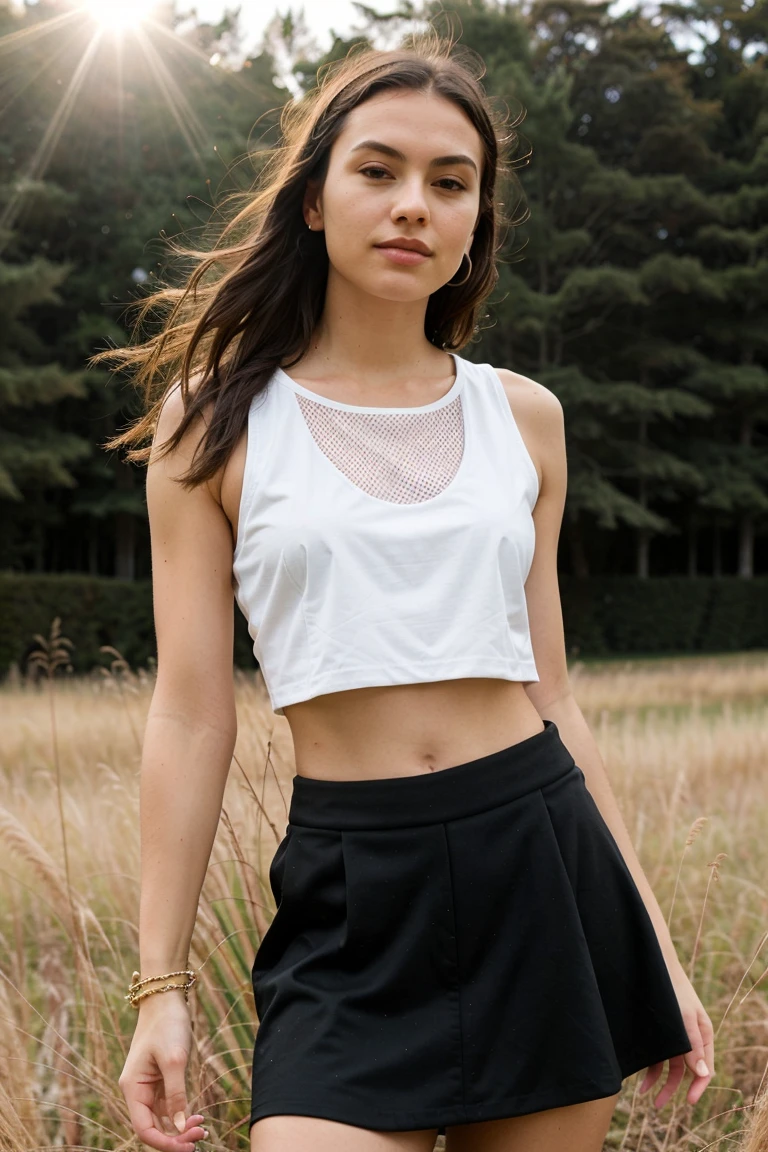 Masterpiece, stunning realistic, photorealistic, best quality, 16k,jenna ortega,sexy body,sexy tight croptop mit ausschnitt,naked from waist down, thick bush of pubic hair,standing in a park,long bobcut,straight hair,leichtes makeup,lange wimpern,red lipstick