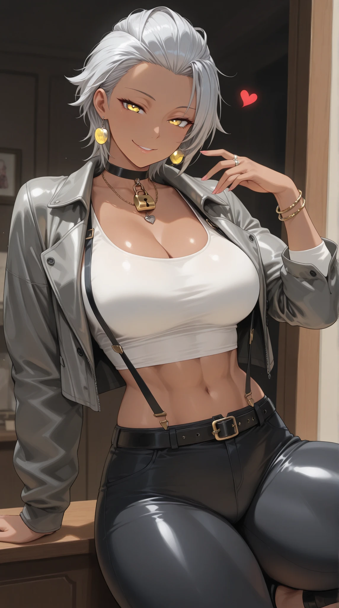 Adult woman, short white hair, high ponytail, blue eye color, White luxury jacket, pants, open breasts, blue lipstick, ssmile, Masterpiece, hiquality