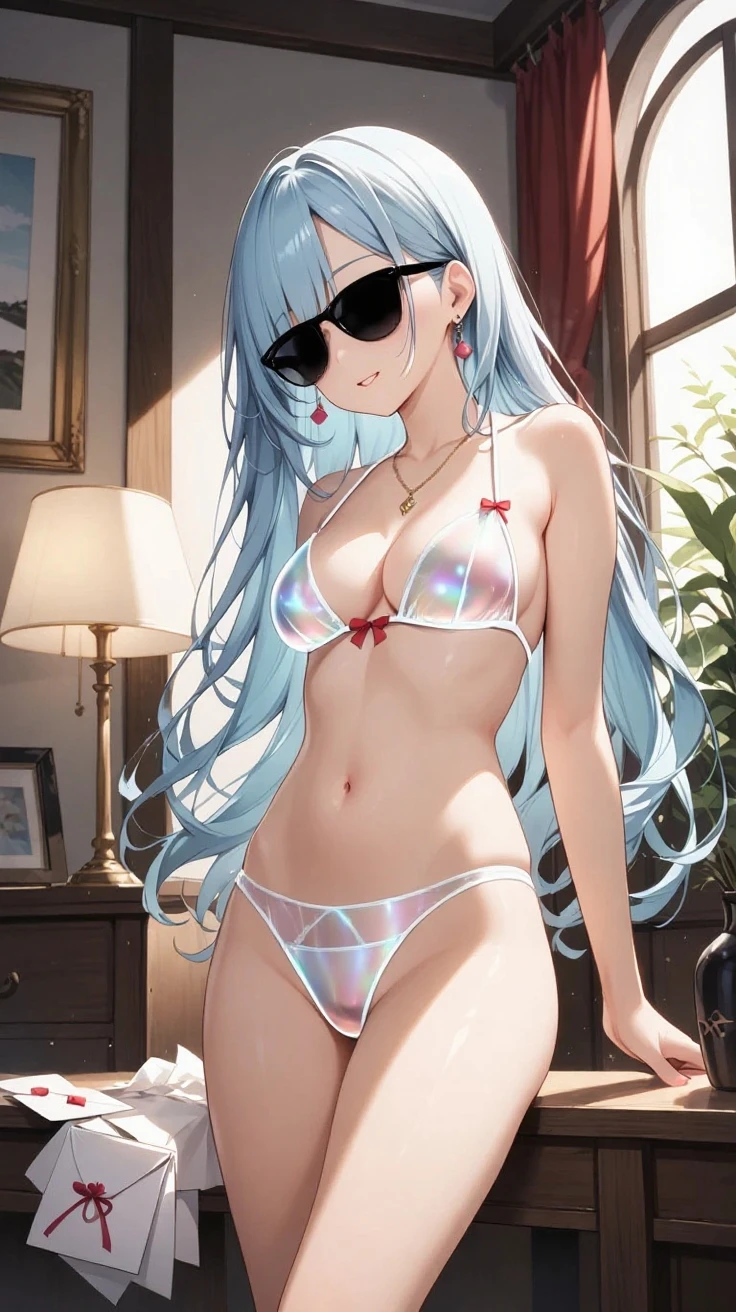 ((8k, Highest quality, masterpiece: 1.3)),Ultra-high resolution,(1 girl, alone), (Color changing eyes, Ultra-detailed, Expressive brilliance, Glitter, Glowing Eyes), Highly detailed eyes, Highly detailed face, Random Hair, ((pastel colour)),A shy young woman with pastel blue hair styled into loose waves, lounging on her bed in her softly illuminated bedroom during the tranquil hours of early morning. She is wearing a pale pink bikini and has a slightly embarrassed expression. Her legs are slightly open, creating a modest yet engaging pose. The camera captures her from a low, angled view, focusing on her gentle blush and the soft morning light that enhances the intimate setting. (open legs:1.5),(She puts her hand inside her bikini and touches her pussy:1.3)
