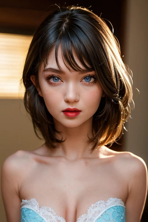 beautiful girl, brown eyes, beautiful slim 18 year old girl, hair color [Brown highlights hair], [undercut pixie] hair, short hair, lips, realistic, narrow waist, charming, pink lipstick, colorful makeup, long eyelashes, fair skin, (cute), (detailed face), detailed eyes, detailed iris, (large breasts:1.2), smirk, white shirt, (quicksand:1.3)