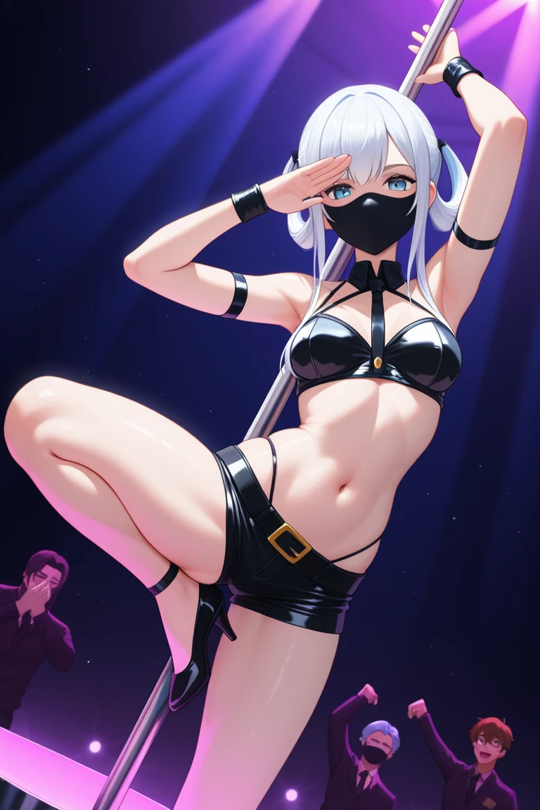 (hero neisan art style:0.7), (hews art style:0.7), score_9, score_8_up, score_7_up, score_6_up, uncensored, alexia olis, silver hair, ribbon hair, long hair, red eyes, BREAK (masterpiece:1.2), best quality, high resolution, (beautiful detailed eyes:1.3), perfect lighting, (perfect hands, perfect anatomy), shiny skin, 1girl, breasts, solo, hat, large breasts, arms up, necktie, pole, navel, suspenders, high heels, spread legs, police hat, armpits, couch, pants, areola slip, nipples, pole dancing, peaked cap, facing viewer, artist name, black necktie, indoors, black footwear, black pants, handcuffs, police, stomach, anklet, split, full body, stretching, red lips, revealing clothes