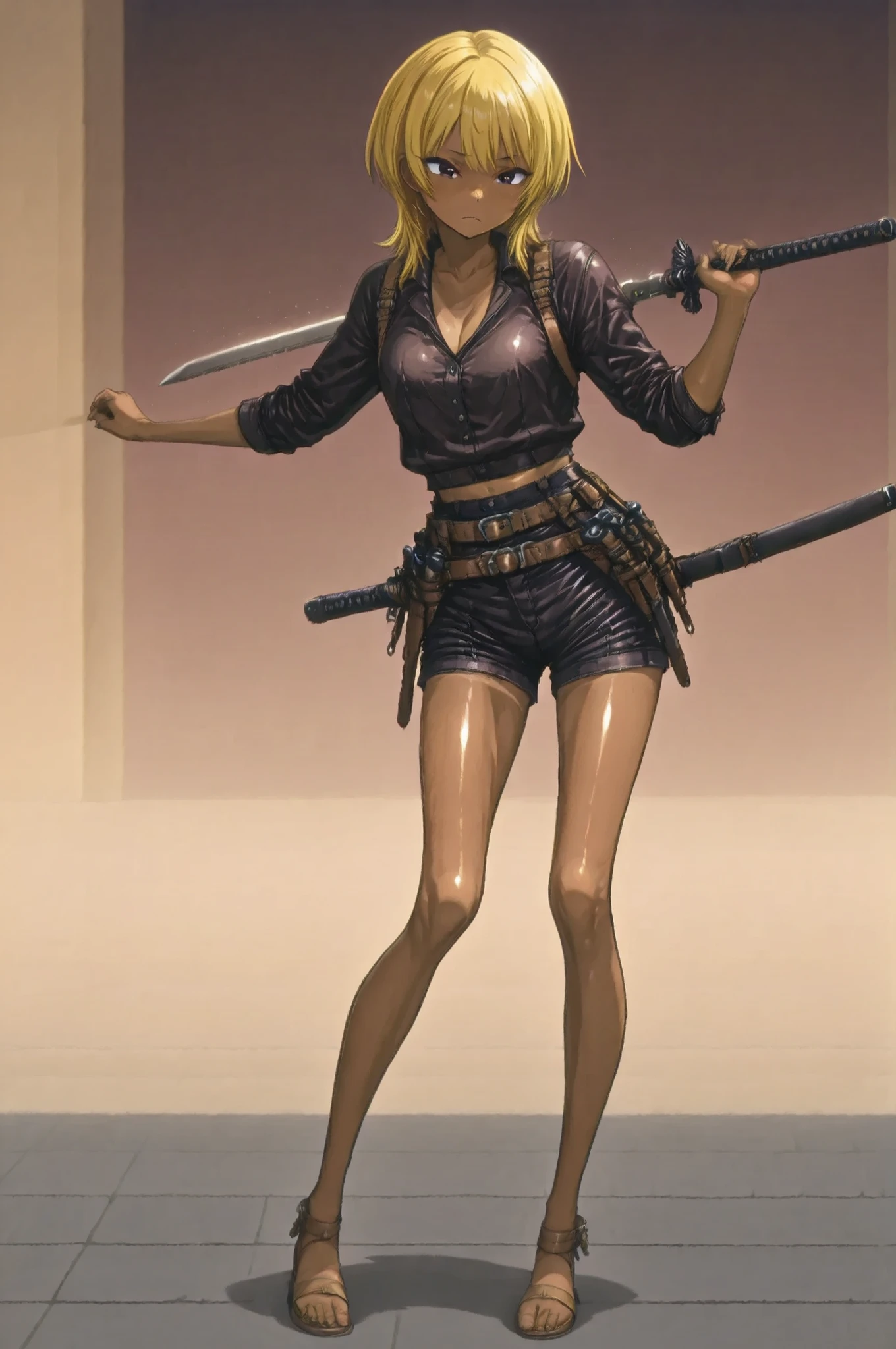 One Ouka-chan、solo,wolf cut,yellow hair,Textured brown skin,thin legs,perfect face,anatomically accurate,top quality,shiny skin、Film lighting effects,anime screenshot,kogyaru、Japanese sword、tool belt with tanned leather sheath、Tanned leather full harness、perfect detail