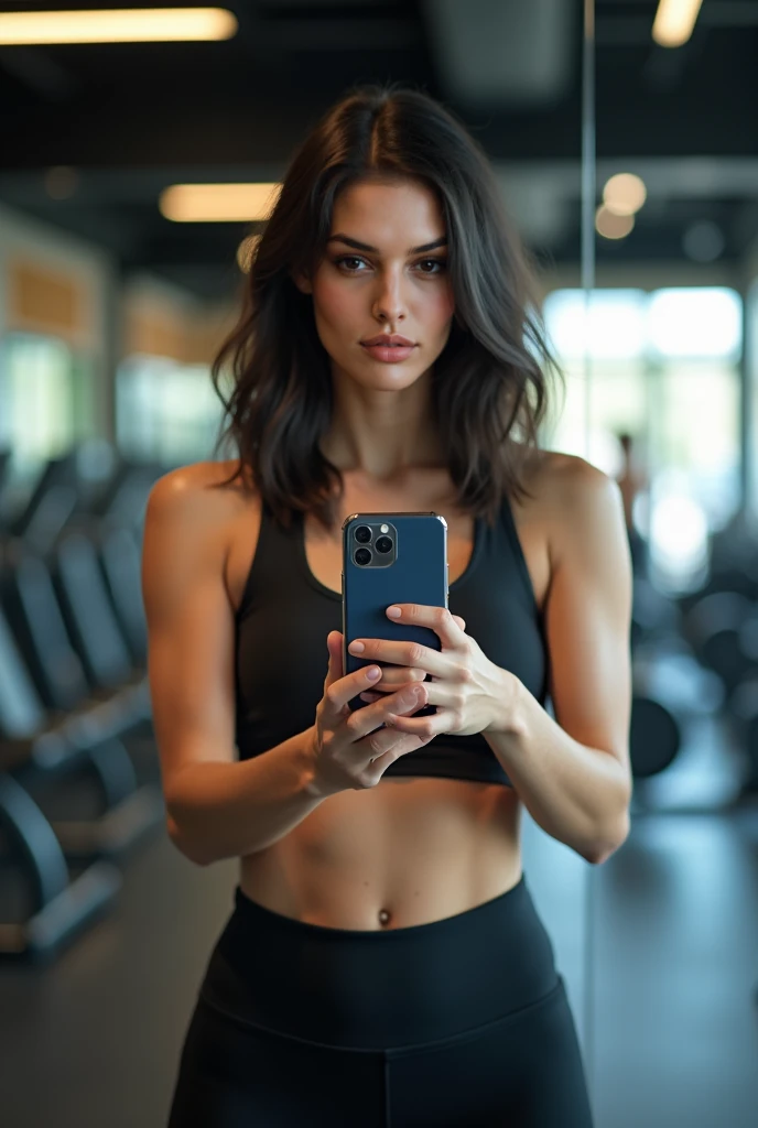 An Asian woman in the gym,Cover your face with your phone,skinny,Wear yoga shorts