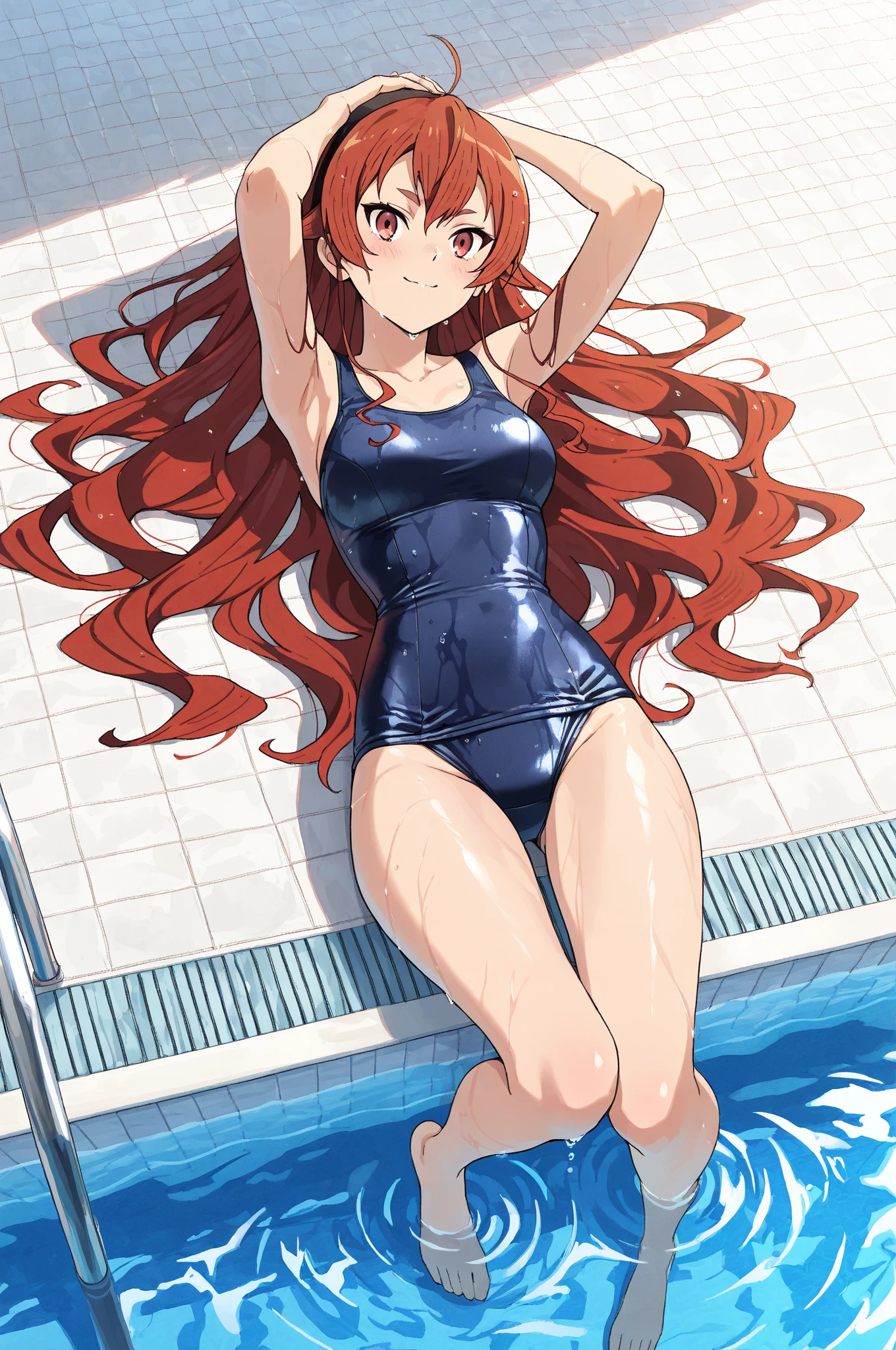 highest quality、Nice sexy body、One Woman、(solo)、((Beautiful busty woman:1.6))、(((Woman with dark red hair:1.3)))、Long hair woman、(((Woman with wavy hair:1.3)))、(((Woman in red competitive swimsuit:1.3)))、Resort Beach、Light blue sea