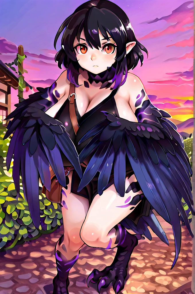 1girl, harpy, black and purple feathers, black bra, full body, outdoors, darkskin, red eyes black hair, ponytail
