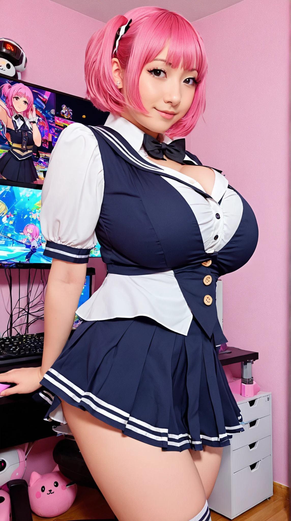 (ultra realistic,32k,RAW photo:1.1),(high detailed skin:1.1), 8k uhd, dslr, high quality, film grain, (makeup, mascara:1.1), lips,(thick\lips\), (shiny glossy translucent clothing:1.1), dragon ball, blmmid, aqua hair, medium hair, blunt bangs, red hairband,T-shirt, shirt, skirt, thigh highs, huge breast, (looking at viewer, standing from above:1.1),, (busty:1.1) , (chubby:0.1),(bioluminiscent:1.1),dark theme, blank background
