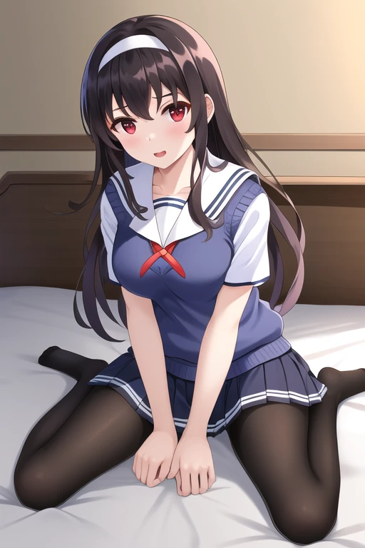 masterpiece, best quality, highres, aautaha, long hair, black hair, hairband, , sailor collar, sweater vest, blue sweater, white shirt, short sleeves, pleated skirt, blue skirt, (black pantyhose:1.2), room, wariza, bed
