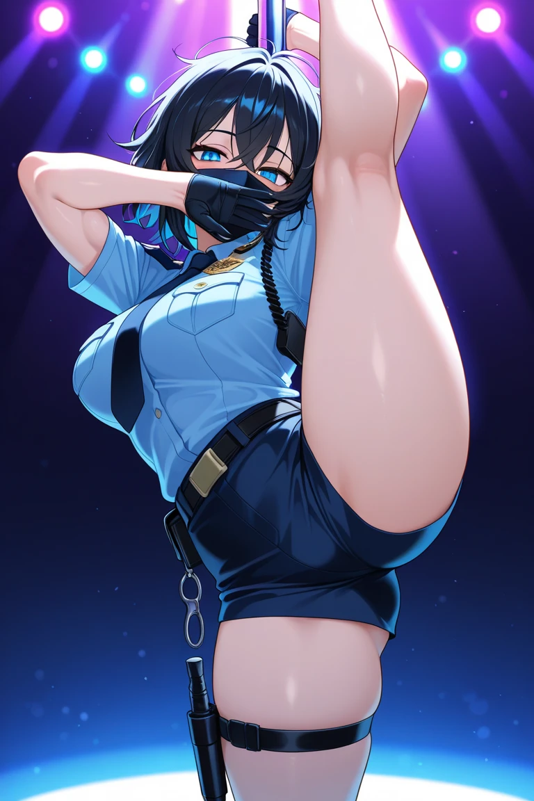 Anime Style,Girl,policewoman,mini skirt,Black Hair、short hair,Large Breasts,Small waist,Big Ass,tall,Squat,Spread your legs wide,Purple underwear with intricate patterns
