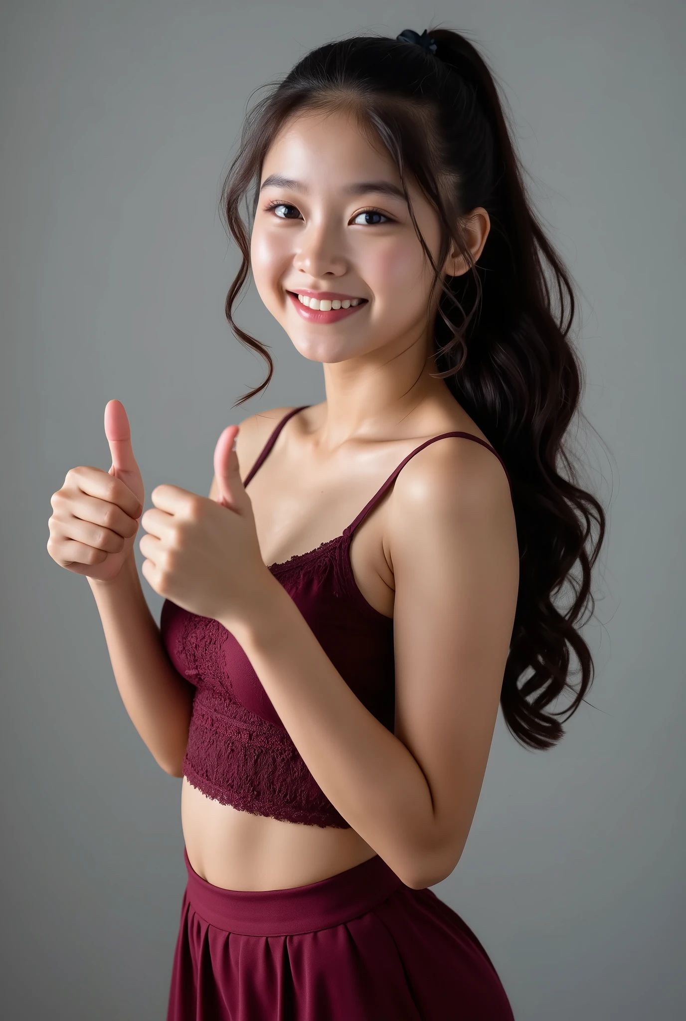 cuteloli, anaswarasdxl, Full body Portrait of a 20 years old girl is holding her big thumbs up on both hands and smiling. She has brunette, long, wavy hairs with ponytail. She is looking to the camera with innocent looks, perfect facial features, golden ratio, Indian skin tone, natural blush, red lips, detailed grey eyes and vibrant makeup. She is wearing a Vintage Style Sleeveless Maroon Top And Skirt Set. Photorealistic, ultra realistic, natural lighting, ultra-detailed textures, cinematic color grading, 8K resolution, masterpiece.